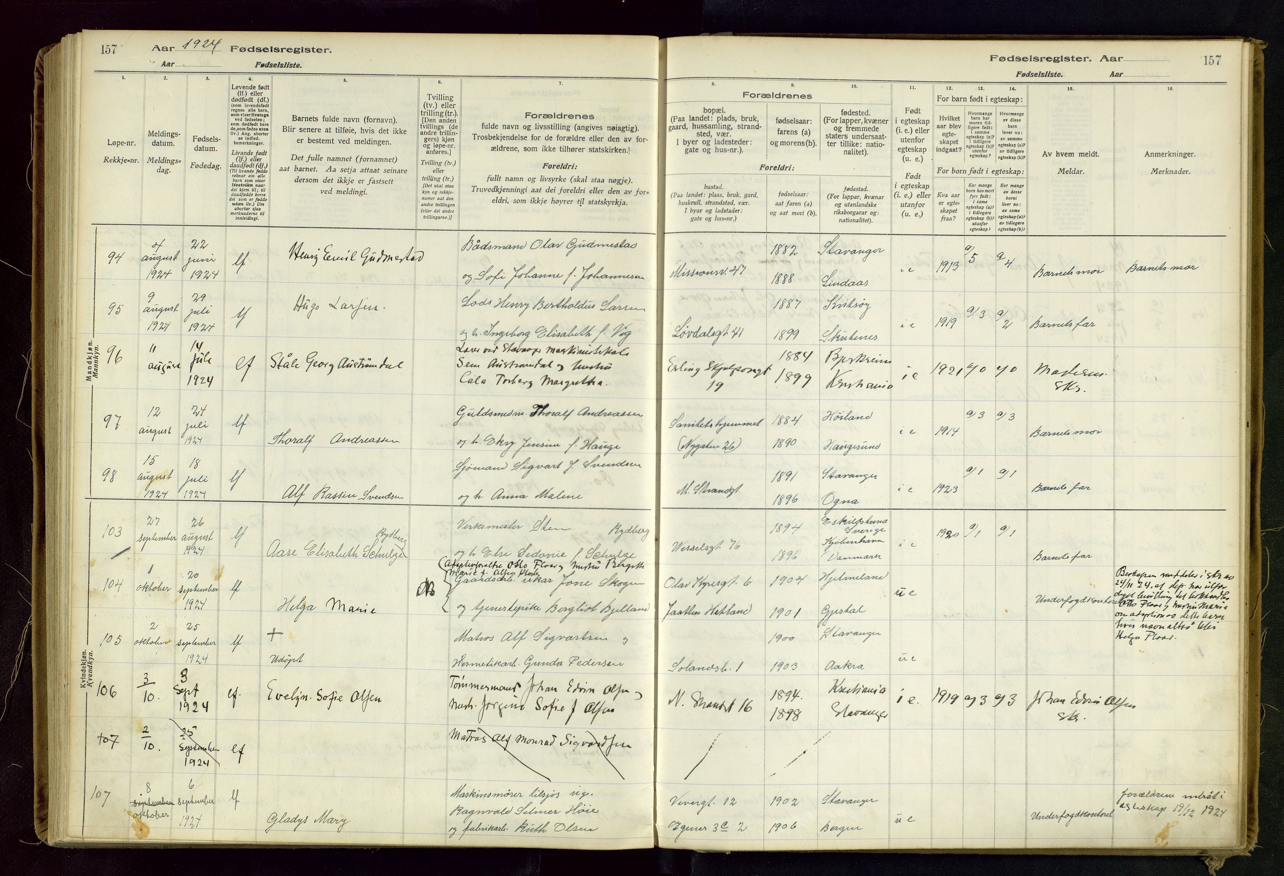 Domkirken sokneprestkontor, SAST/A-101812/002/B/L0002: Fødselsregister nr. 2, 1920-1925, s. 157