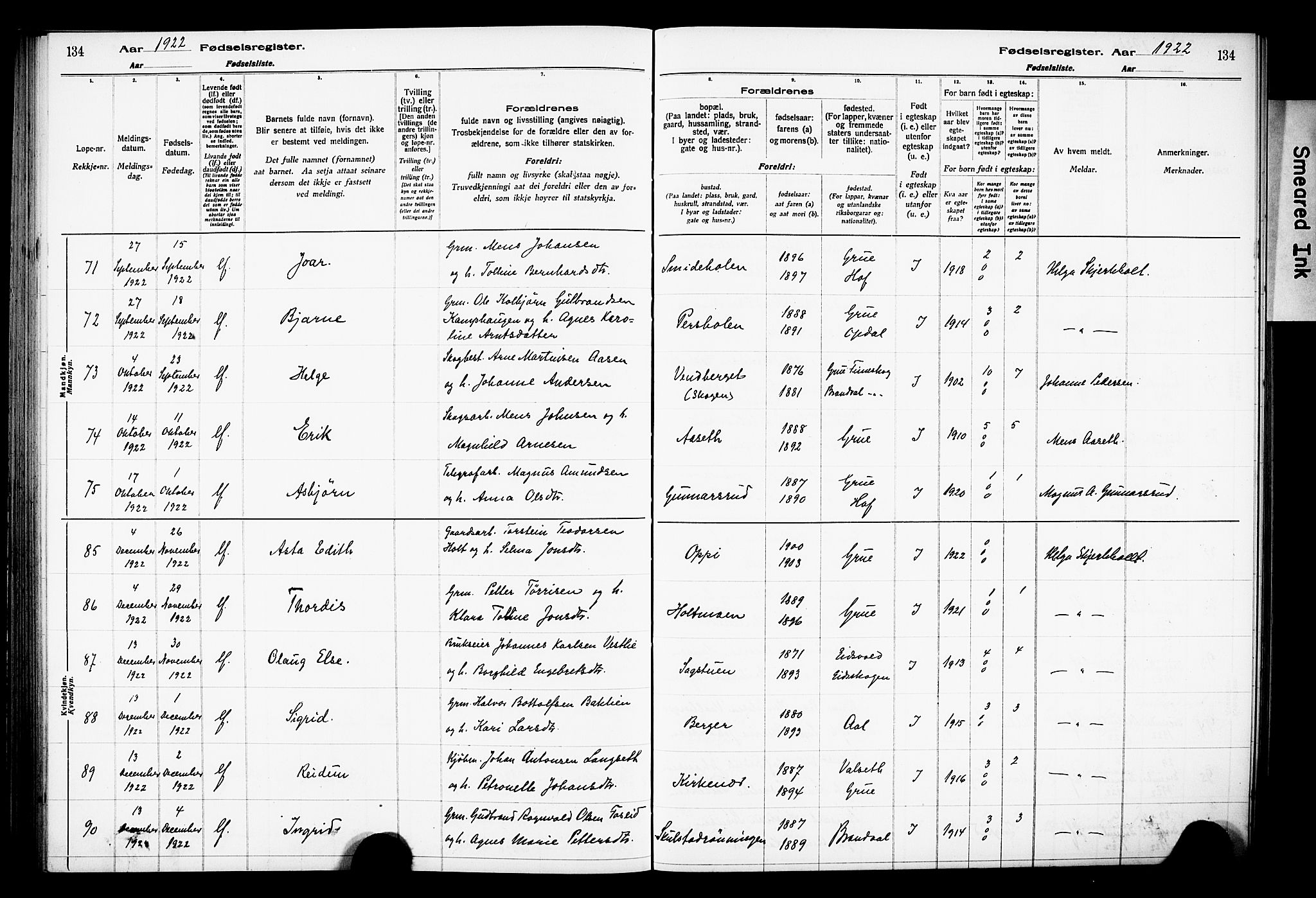 Grue prestekontor, AV/SAH-PREST-036/I/Id/Ida/L0001: Fødselsregister nr. I 1, 1916-1926, s. 134