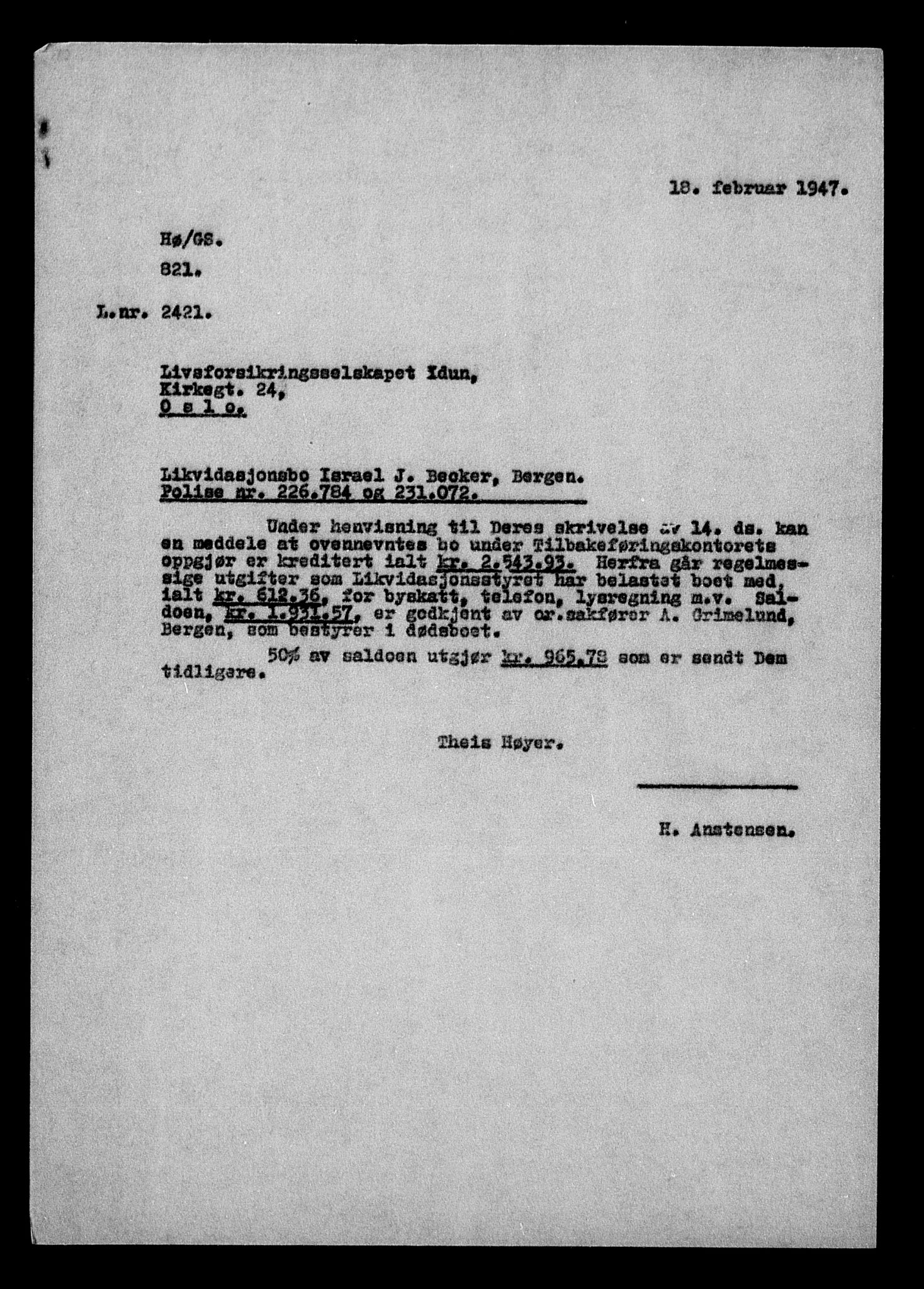 Justisdepartementet, Tilbakeføringskontoret for inndratte formuer, AV/RA-S-1564/H/Hc/Hcd/L0990: --, 1945-1947, s. 249