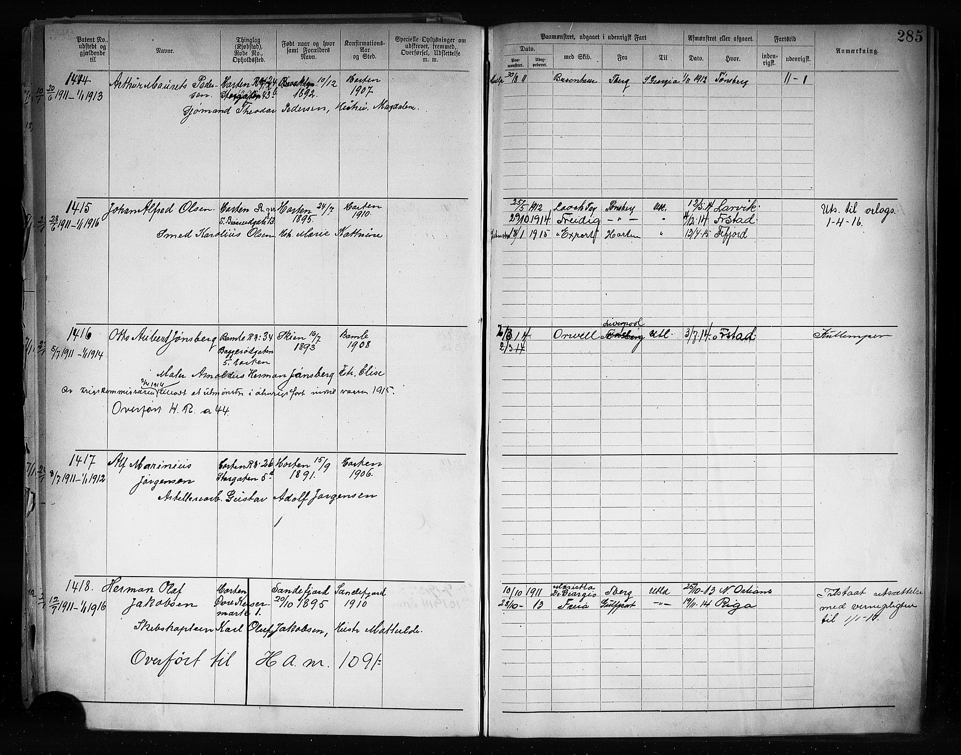 Horten innrulleringskontor, SAKO/A-785/F/Fb/L0004: Annotasjonsrulle, 1889-1911, s. 291