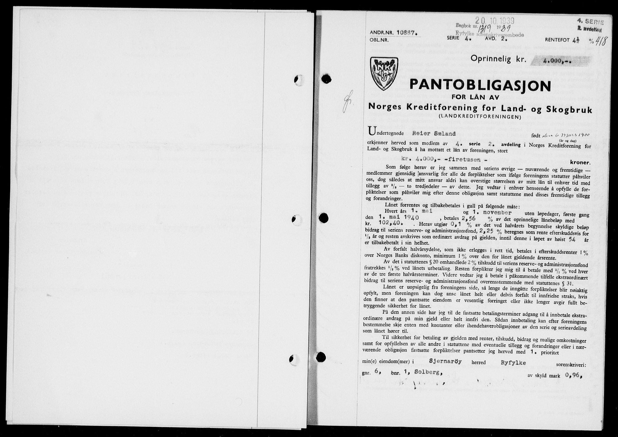 Ryfylke tingrett, SAST/A-100055/001/II/IIB/L0080: Pantebok nr. 59, 1939-1939, Dagboknr: 1319/1939