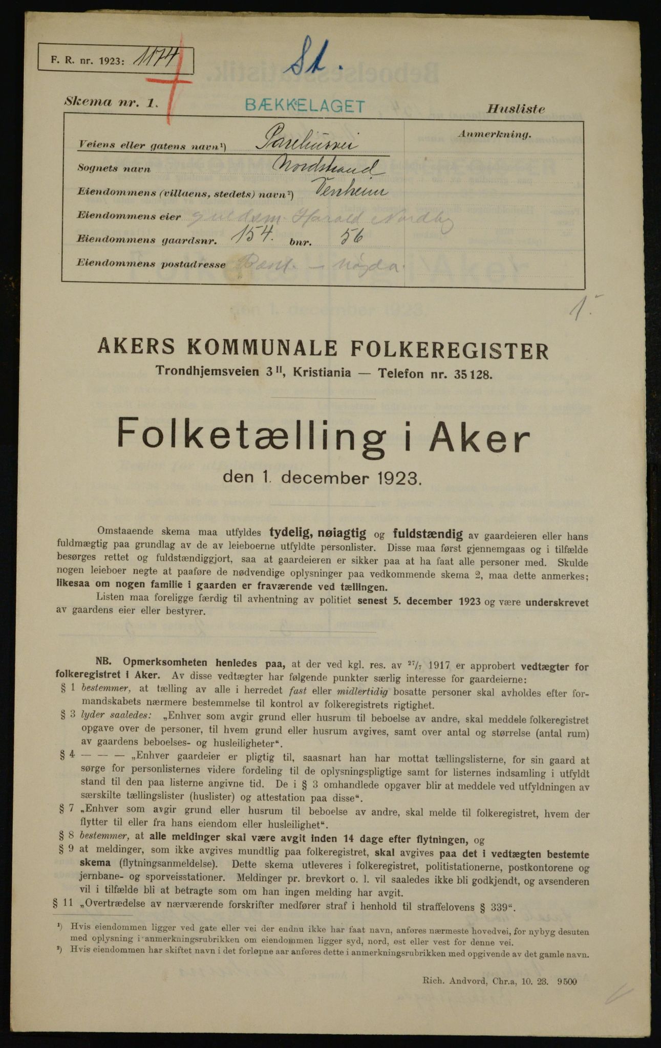 , Kommunal folketelling 1.12.1923 for Aker, 1923, s. 43495