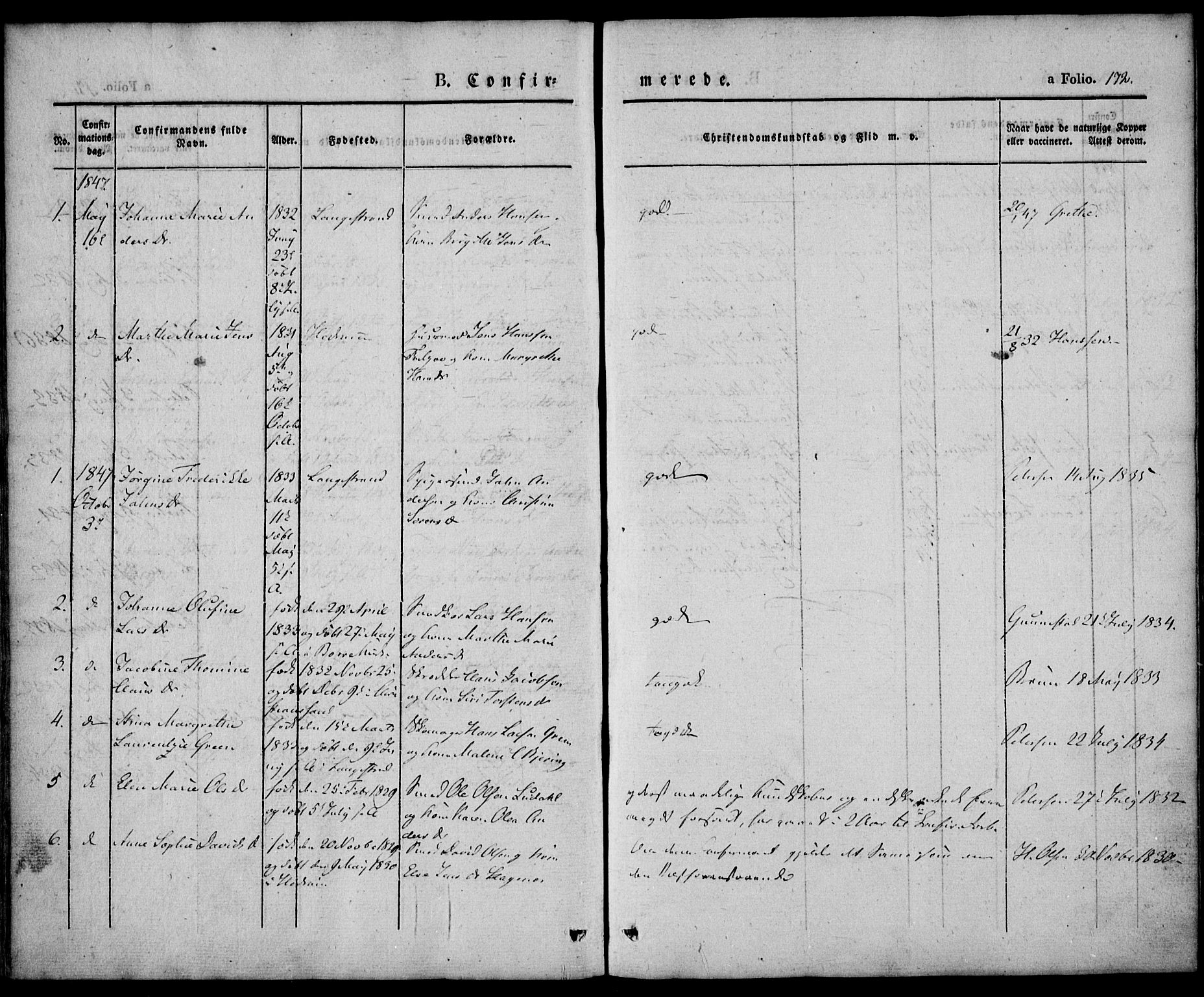 Larvik kirkebøker, AV/SAKO-A-352/F/Fb/L0003: Ministerialbok nr. II 3, 1842-1856, s. 172