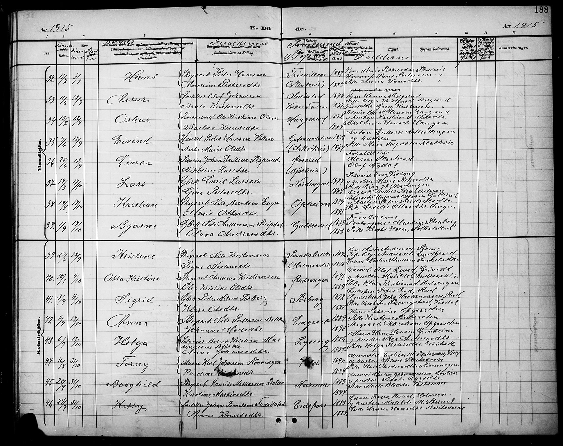 Søndre Land prestekontor, AV/SAH-PREST-122/L/L0004: Klokkerbok nr. 4, 1901-1915, s. 188