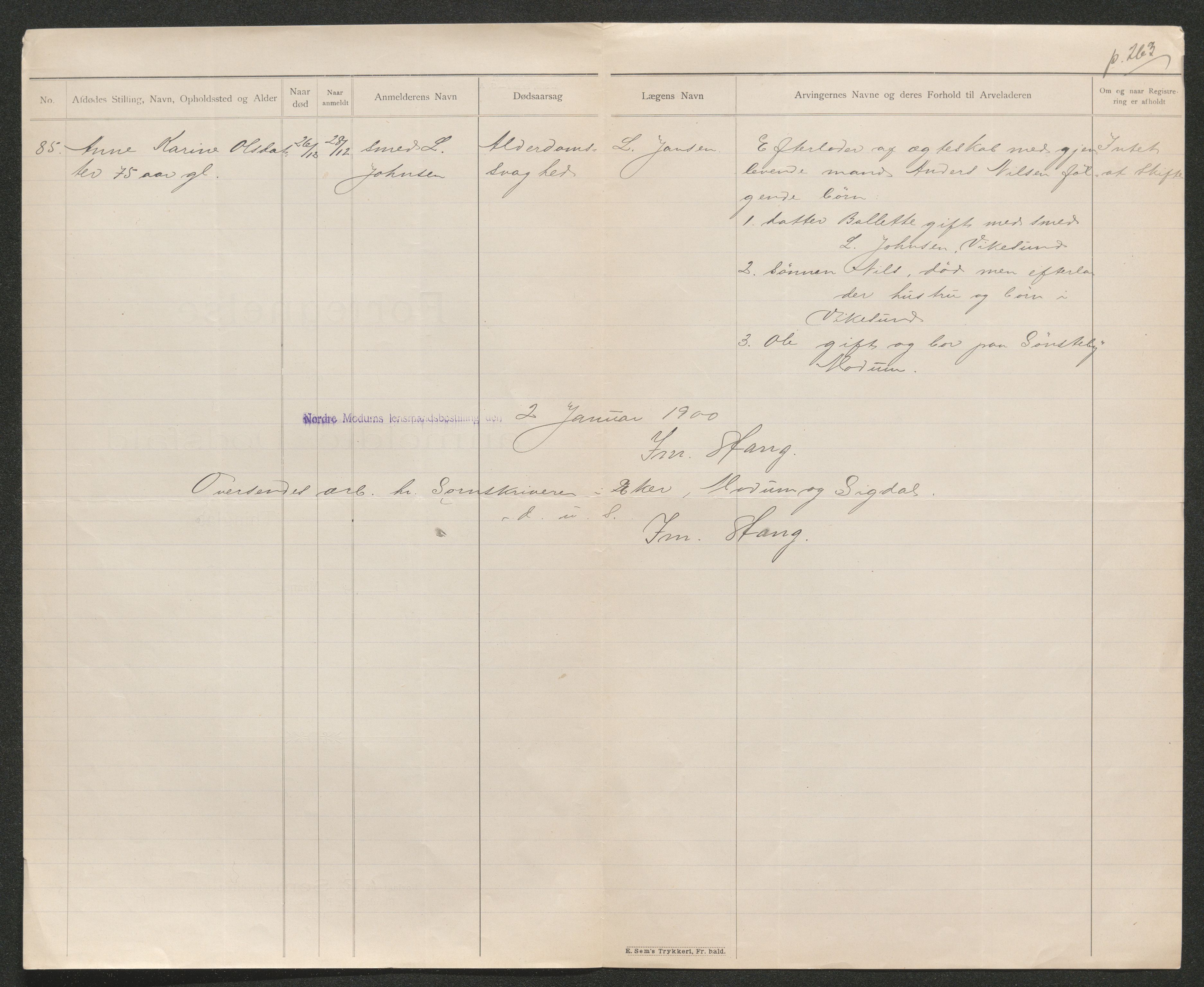 Eiker, Modum og Sigdal sorenskriveri, AV/SAKO-A-123/H/Ha/Hab/L0026: Dødsfallsmeldinger, 1899, s. 419