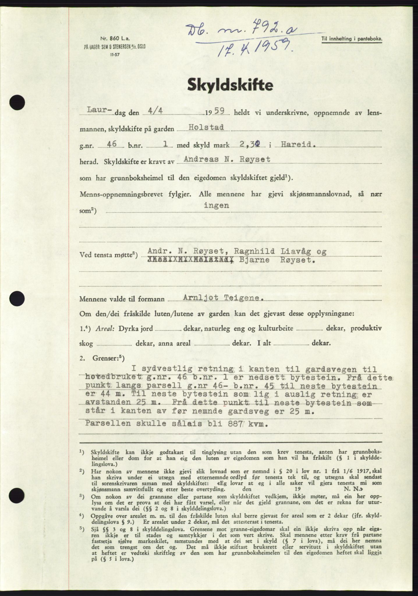 Søre Sunnmøre sorenskriveri, SAT/A-4122/1/2/2C/L0112: Pantebok nr. 38A, 1959-1959, Dagboknr: 792/1959