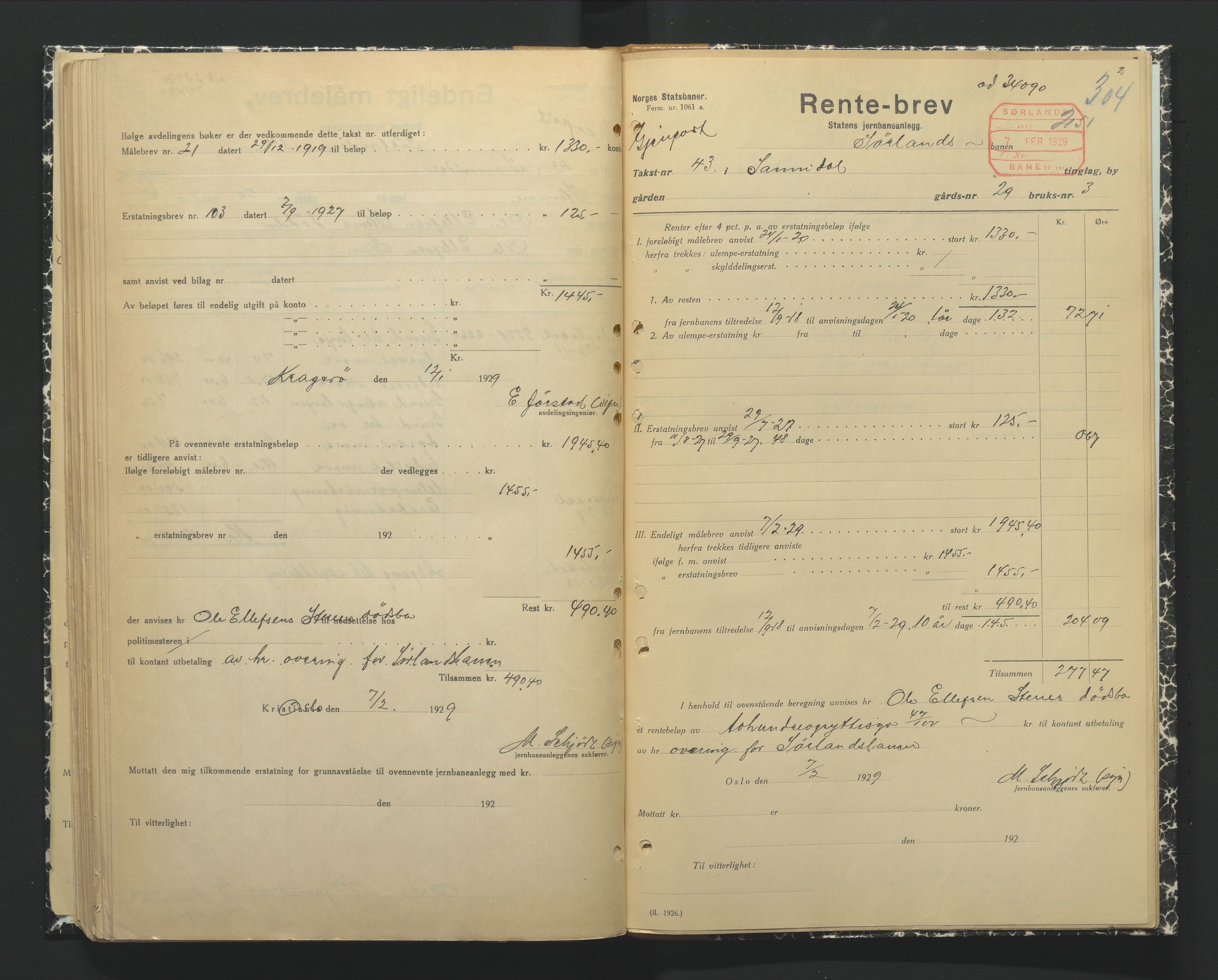 NSB Baneavdelingen, AV/SAK-1821-0004/F/Fc/Fch/L0249/0002: Grunnerstatninger, målebrev / Endelige måle- og rentebrev for Kragerølinja, 1928-1930