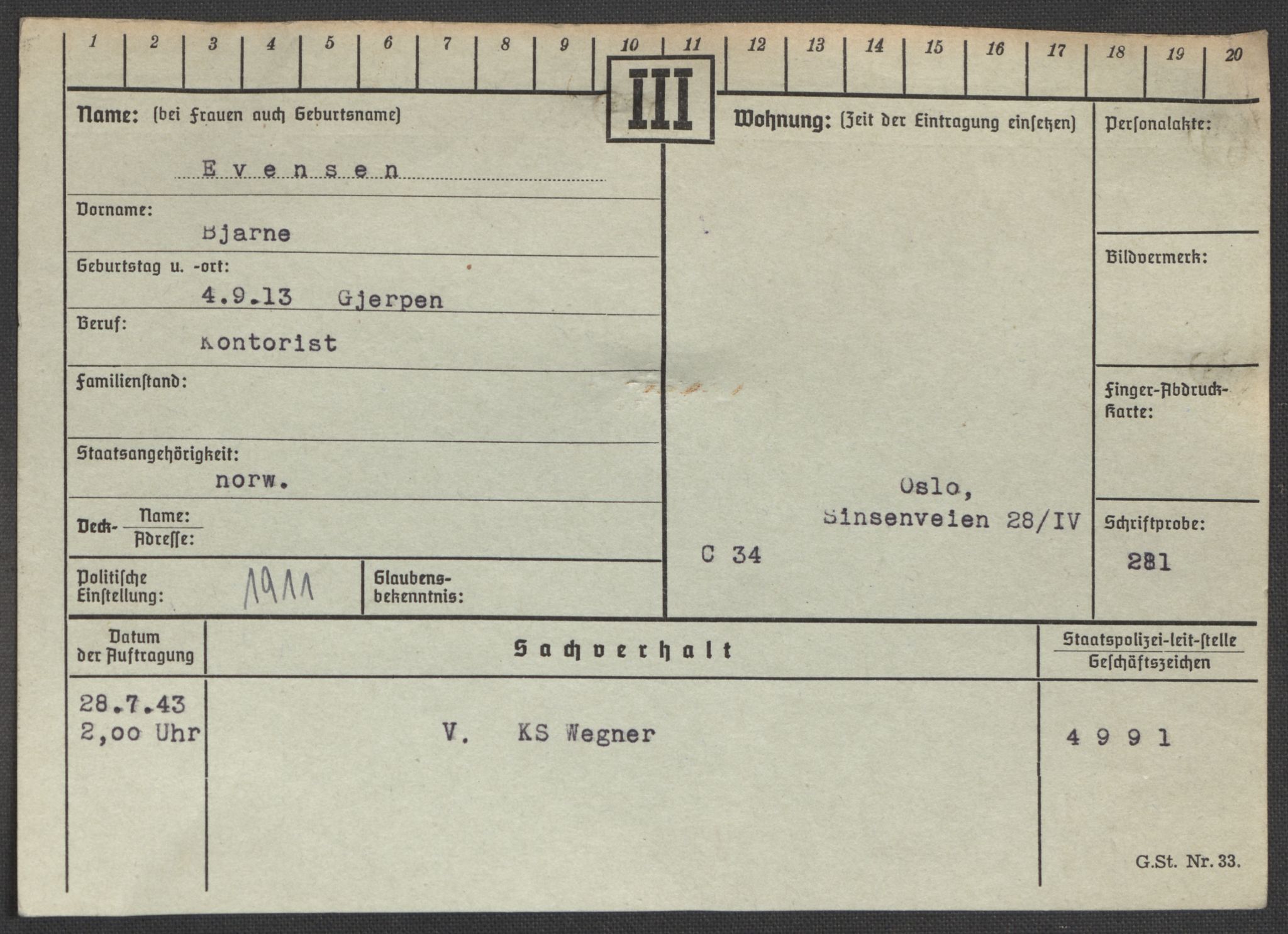 Befehlshaber der Sicherheitspolizei und des SD, AV/RA-RAFA-5969/E/Ea/Eaa/L0003: Register over norske fanger i Møllergata 19: Eng-Hag, 1940-1945, s. 182