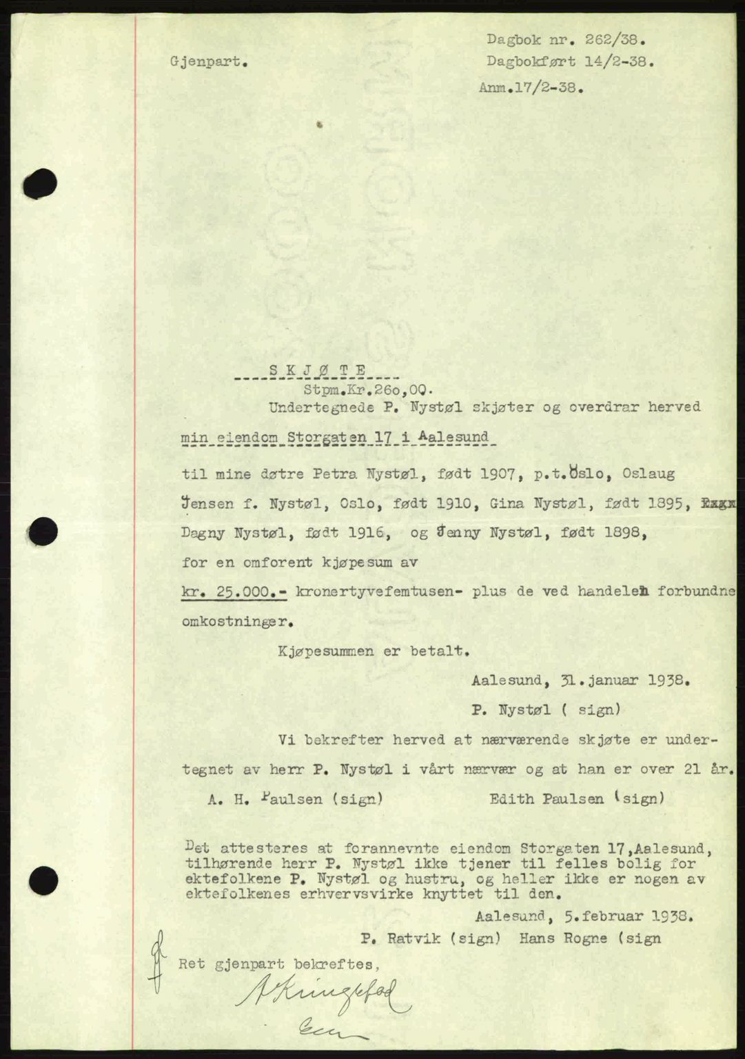 Ålesund byfogd, AV/SAT-A-4384: Pantebok nr. 34 I, 1936-1938, Dagboknr: 262/1938