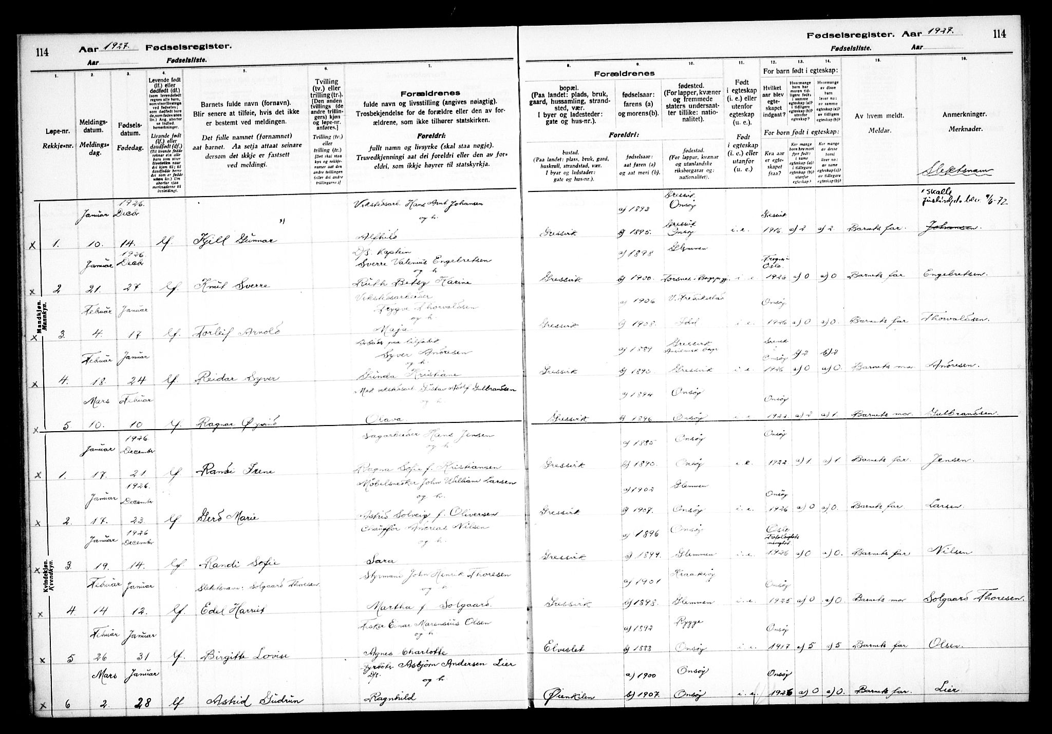 Onsøy prestekontor Kirkebøker, AV/SAO-A-10914/J/Jb/L0001: Fødselsregister nr. II 1, 1916-1938, s. 114