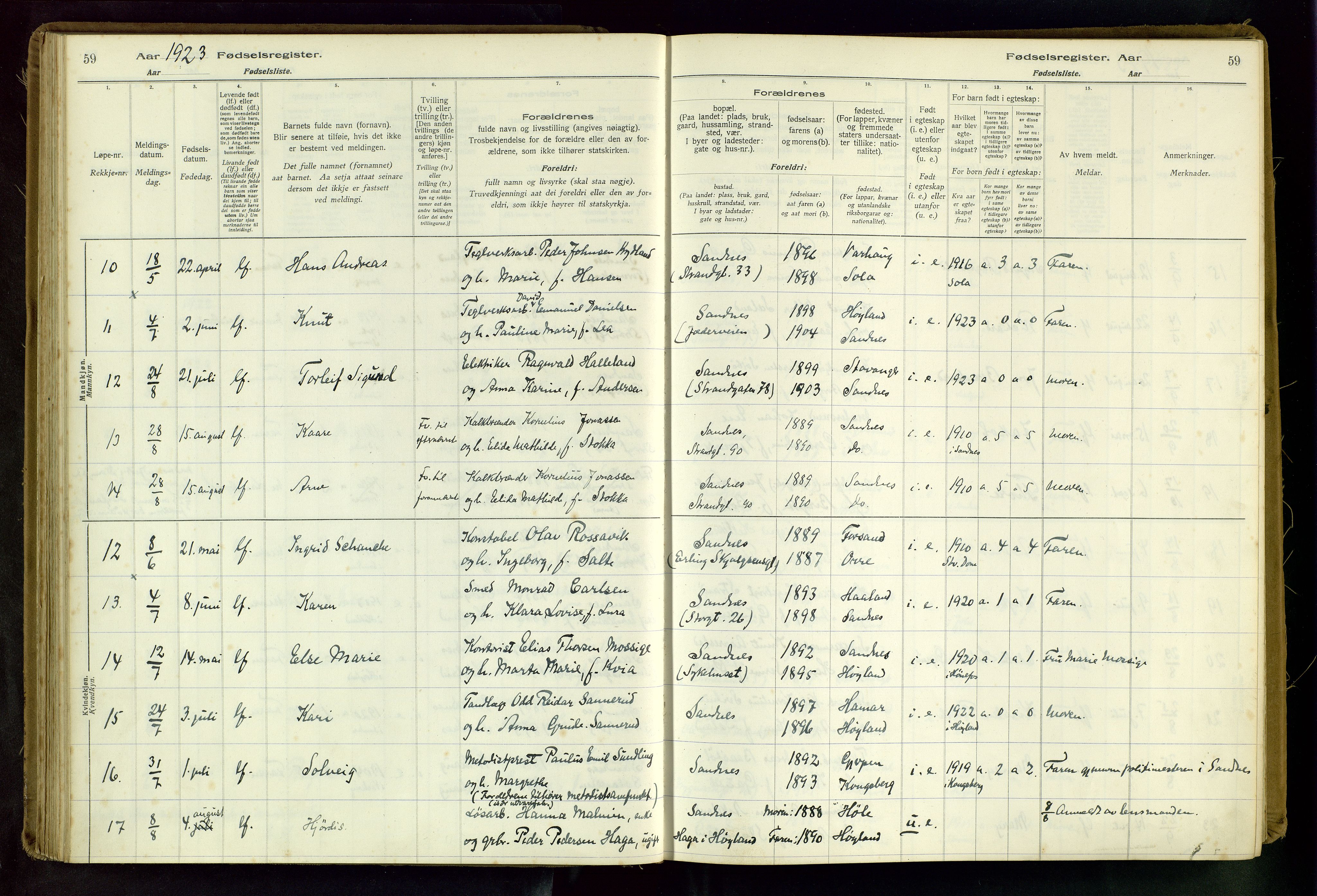 Sandnes sokneprestkontor, AV/SAST-A-101800/704BA/L0001: Fødselsregister nr. 1, 1916-1942, s. 59