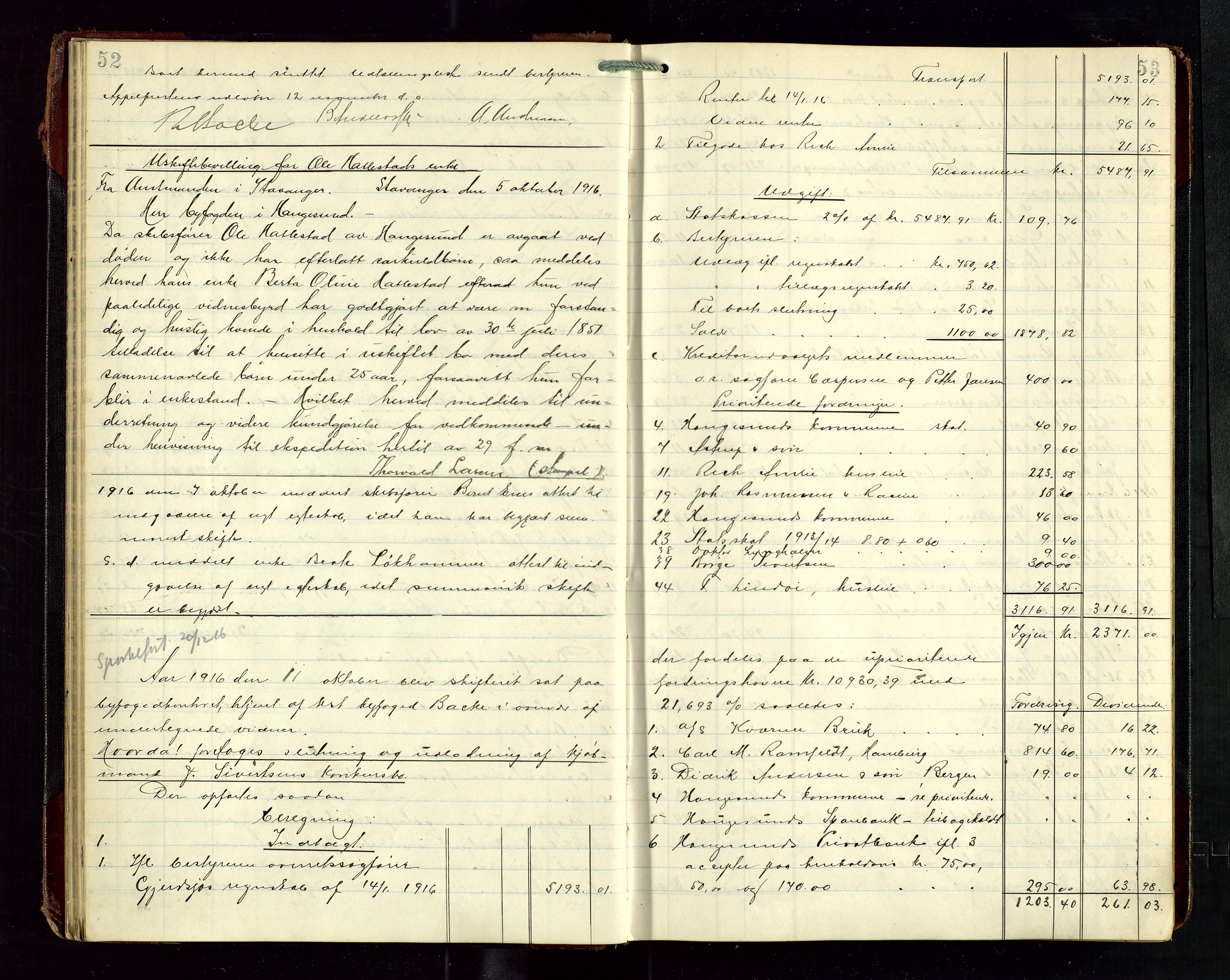 Haugesund tingrett, AV/SAST-A-101415/01/IV/IVD/L0003: Skifteutlodningsprotokoll, med register, 1915-1924, s. 52-53