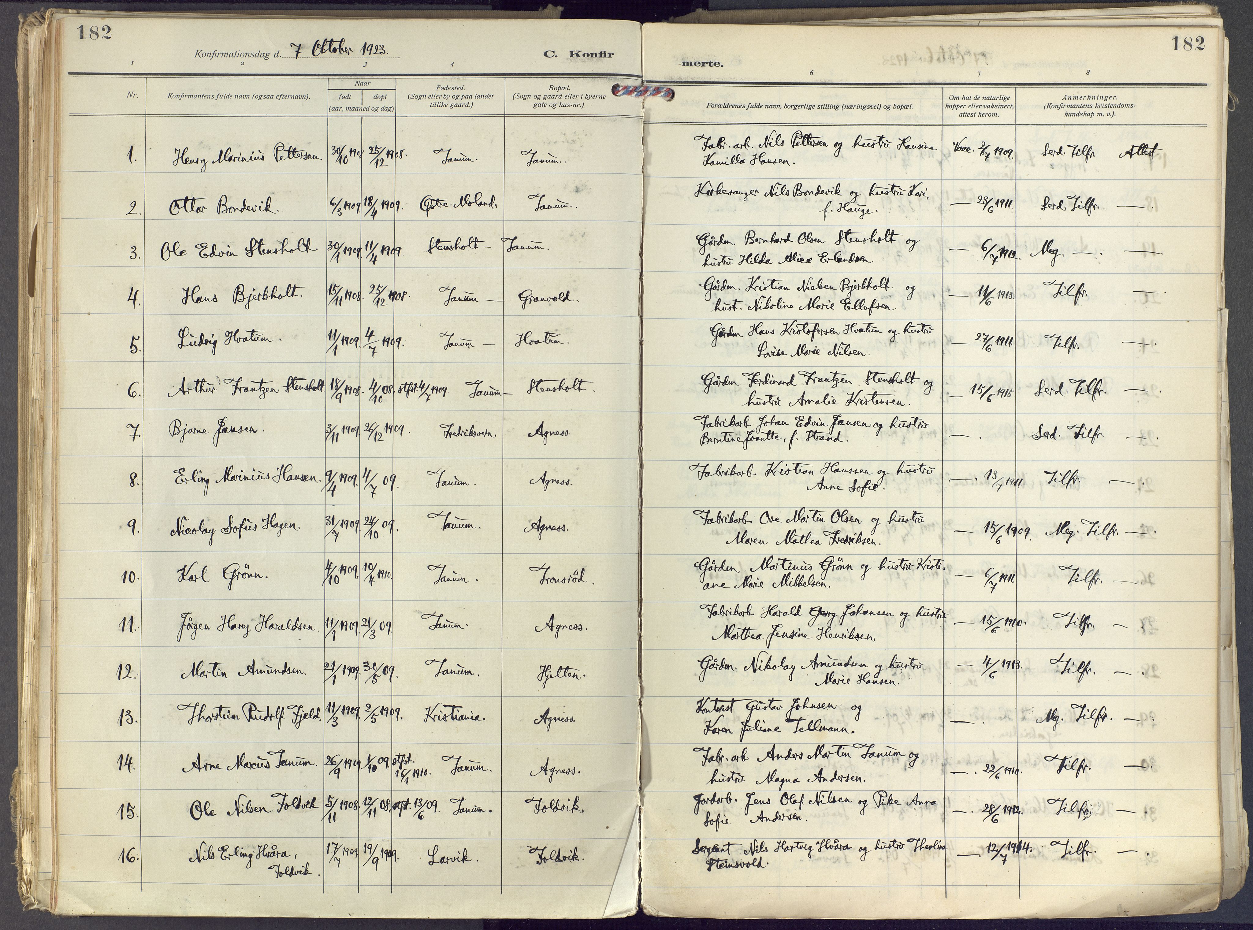 Brunlanes kirkebøker, SAKO/A-342/F/Fc/L0004: Ministerialbok nr. III 4, 1923-1943, s. 182
