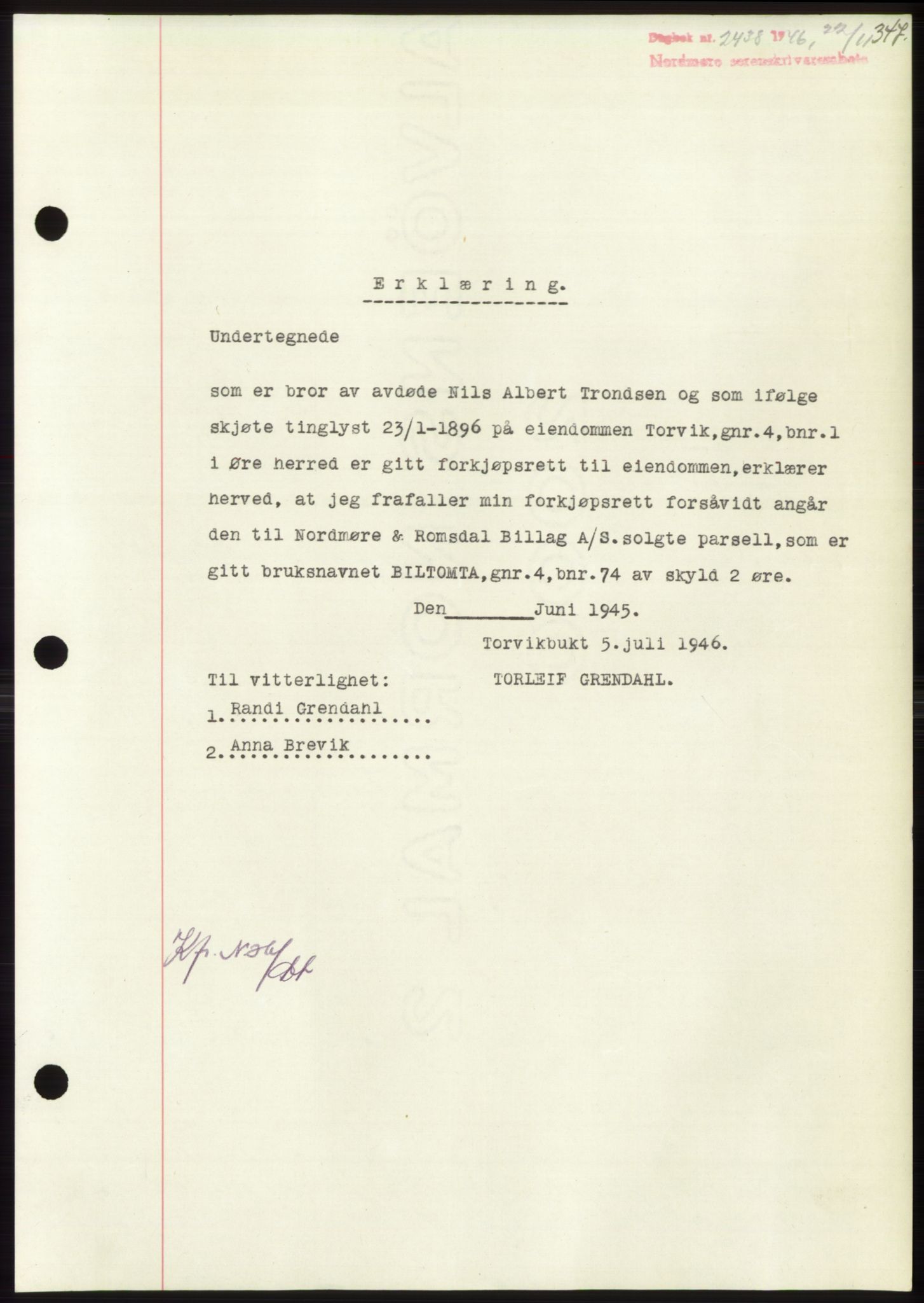 Nordmøre sorenskriveri, SAT/A-4132/1/2/2Ca: Pantebok nr. B95, 1946-1947, Dagboknr: 2438/1946