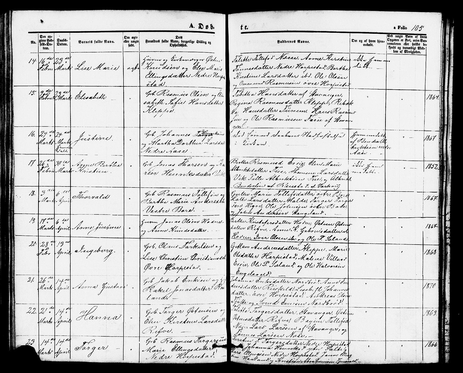 Klepp sokneprestkontor, AV/SAST-A-101803/001/3/30BB/L0002: Klokkerbok nr. B 2, 1860-1875, s. 105