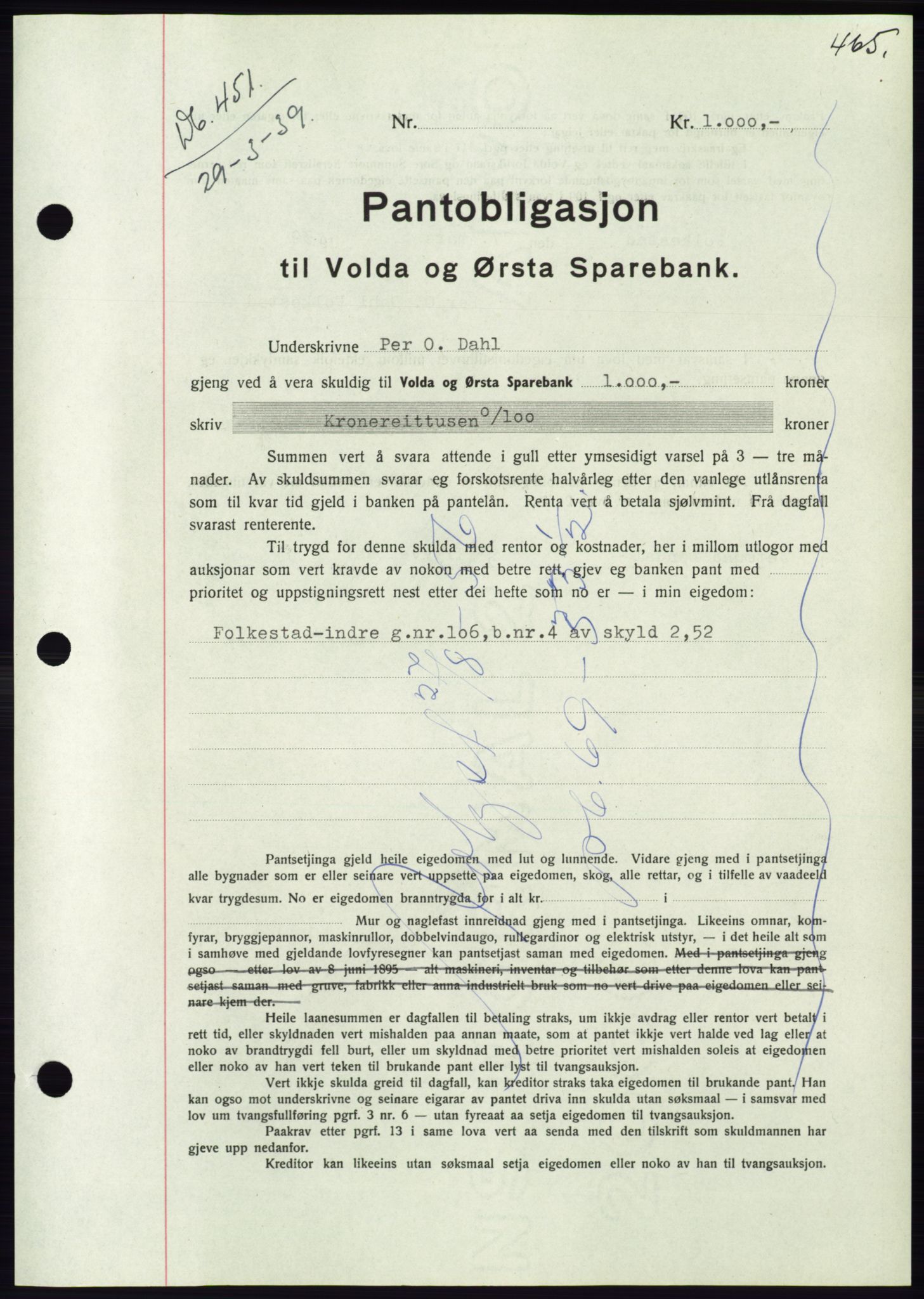 Søre Sunnmøre sorenskriveri, AV/SAT-A-4122/1/2/2C/L0067: Pantebok nr. 61, 1938-1939, Dagboknr: 451/1939