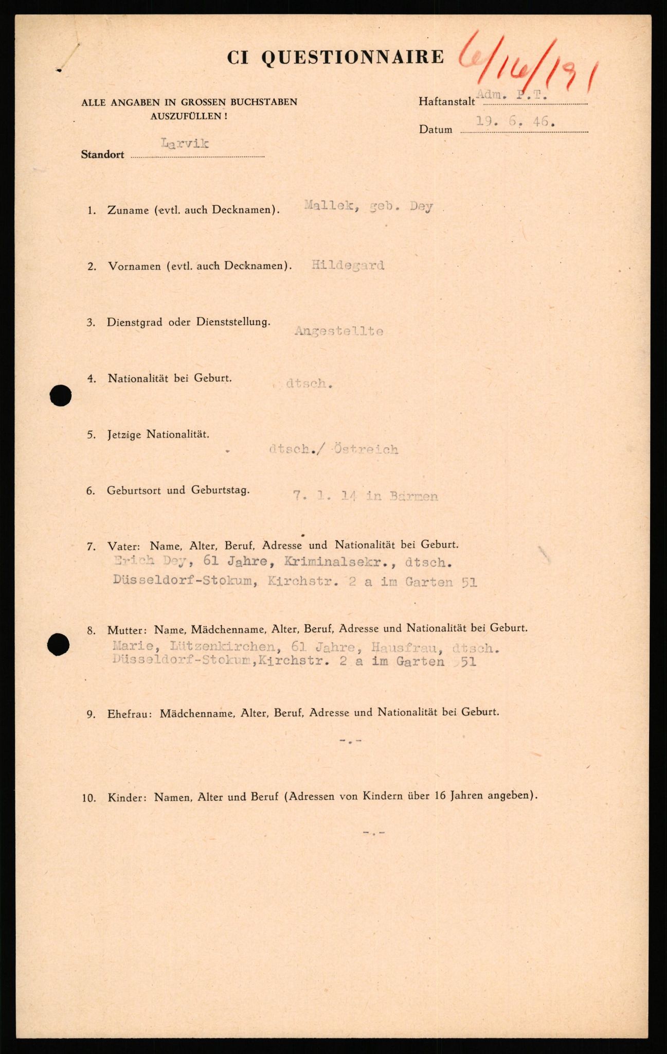 Forsvaret, Forsvarets overkommando II, AV/RA-RAFA-3915/D/Db/L0039: CI Questionaires. Tyske okkupasjonsstyrker i Norge. Østerrikere., 1945-1946, s. 360