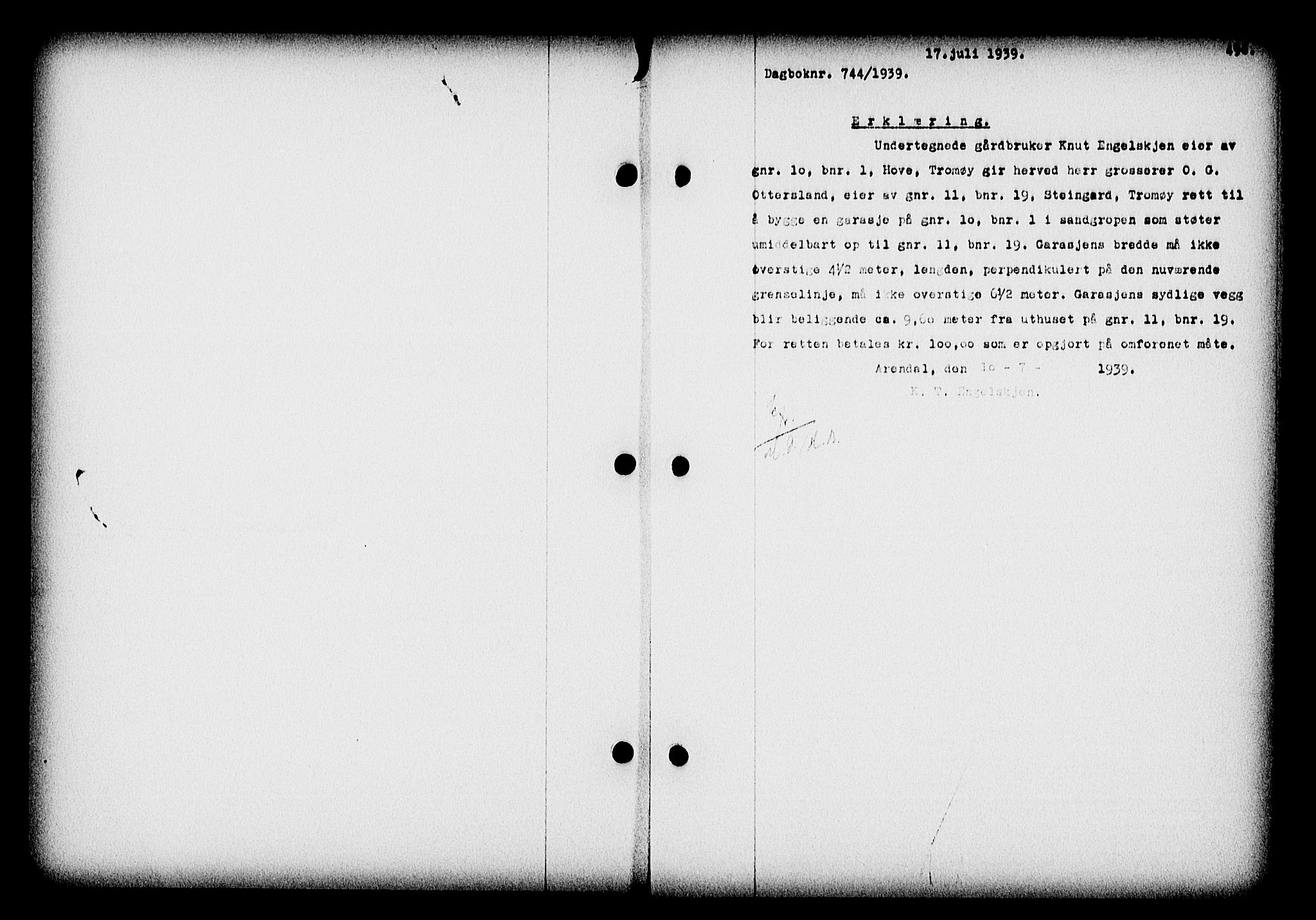 Nedenes sorenskriveri, SAK/1221-0006/G/Gb/Gba/L0046: Pantebok nr. 42, 1938-1939, Dagboknr: 744/1939