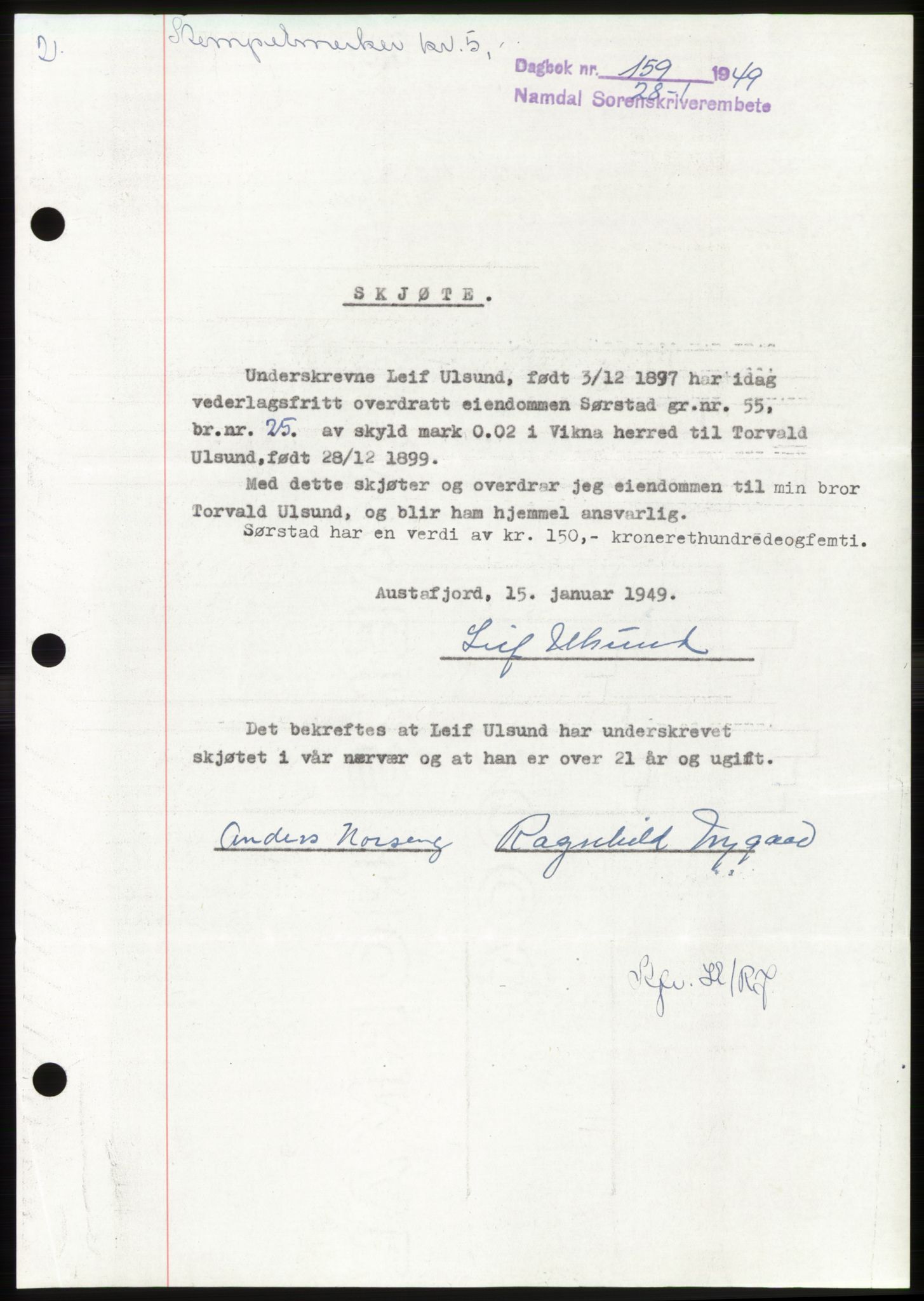 Namdal sorenskriveri, SAT/A-4133/1/2/2C: Pantebok nr. -, 1949-1949, Dagboknr: 159/1949