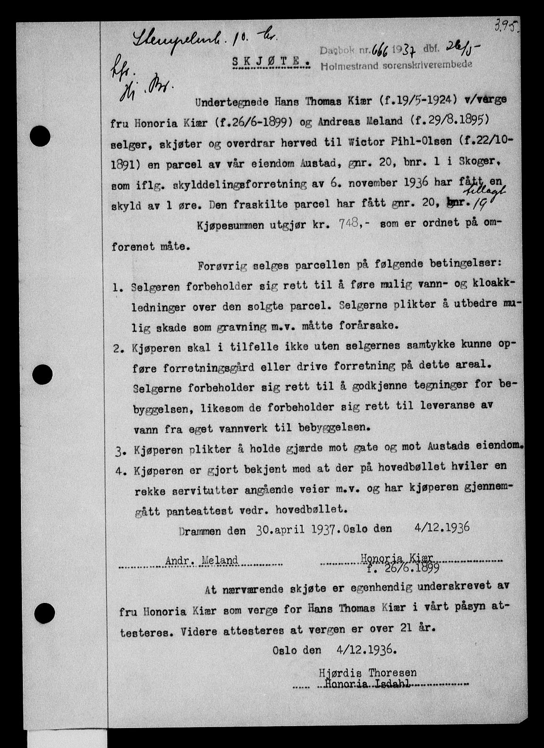 Holmestrand sorenskriveri, SAKO/A-67/G/Ga/Gaa/L0048: Pantebok nr. A-48, 1936-1937, Dagboknr: 666/1937