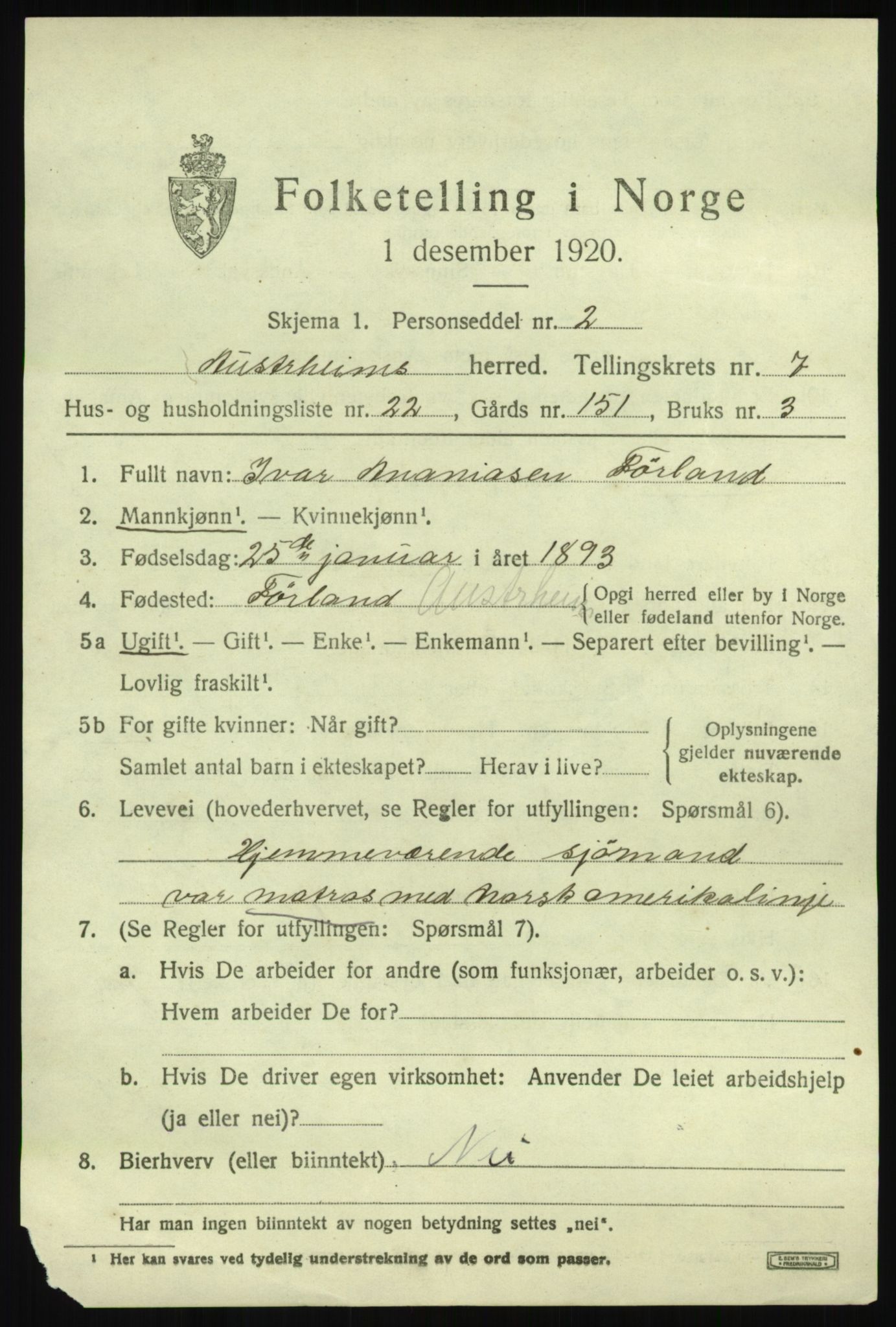 SAB, Folketelling 1920 for 1264 Austrheim herred, 1920, s. 2930