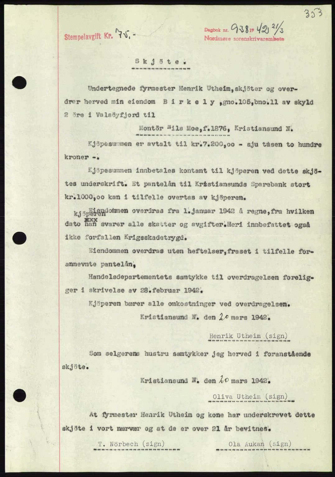 Nordmøre sorenskriveri, SAT/A-4132/1/2/2Ca: Pantebok nr. A92, 1942-1942, Dagboknr: 938/1942