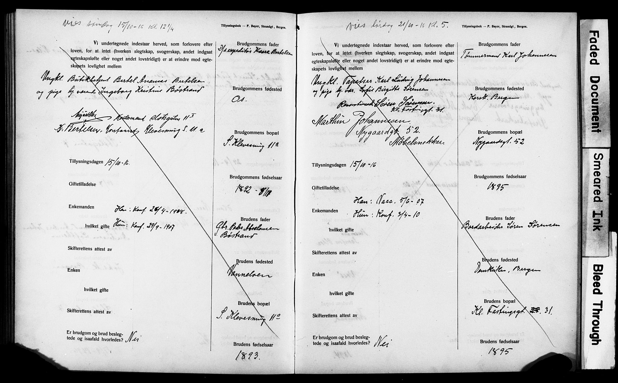Mariakirken Sokneprestembete, SAB/A-76901: Forlovererklæringer nr. II.5.3, 1909-1917, s. 166