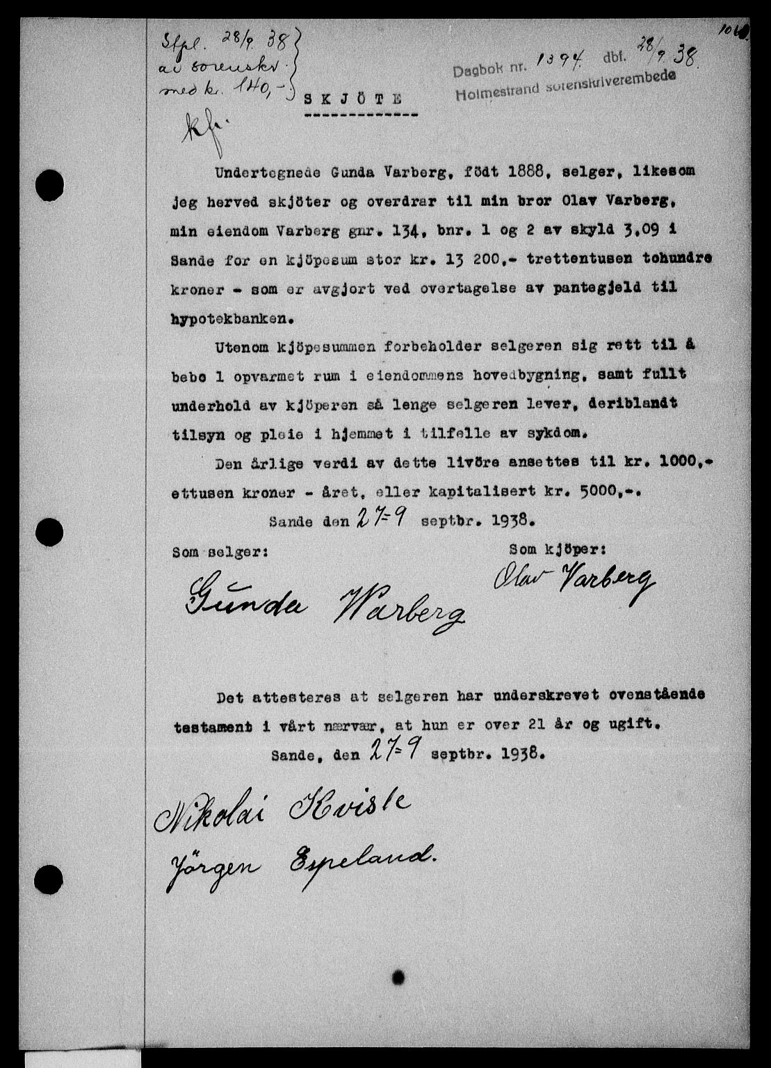 Holmestrand sorenskriveri, SAKO/A-67/G/Ga/Gaa/L0049: Pantebok nr. A-49, 1937-1938, Dagboknr: 1394/1938