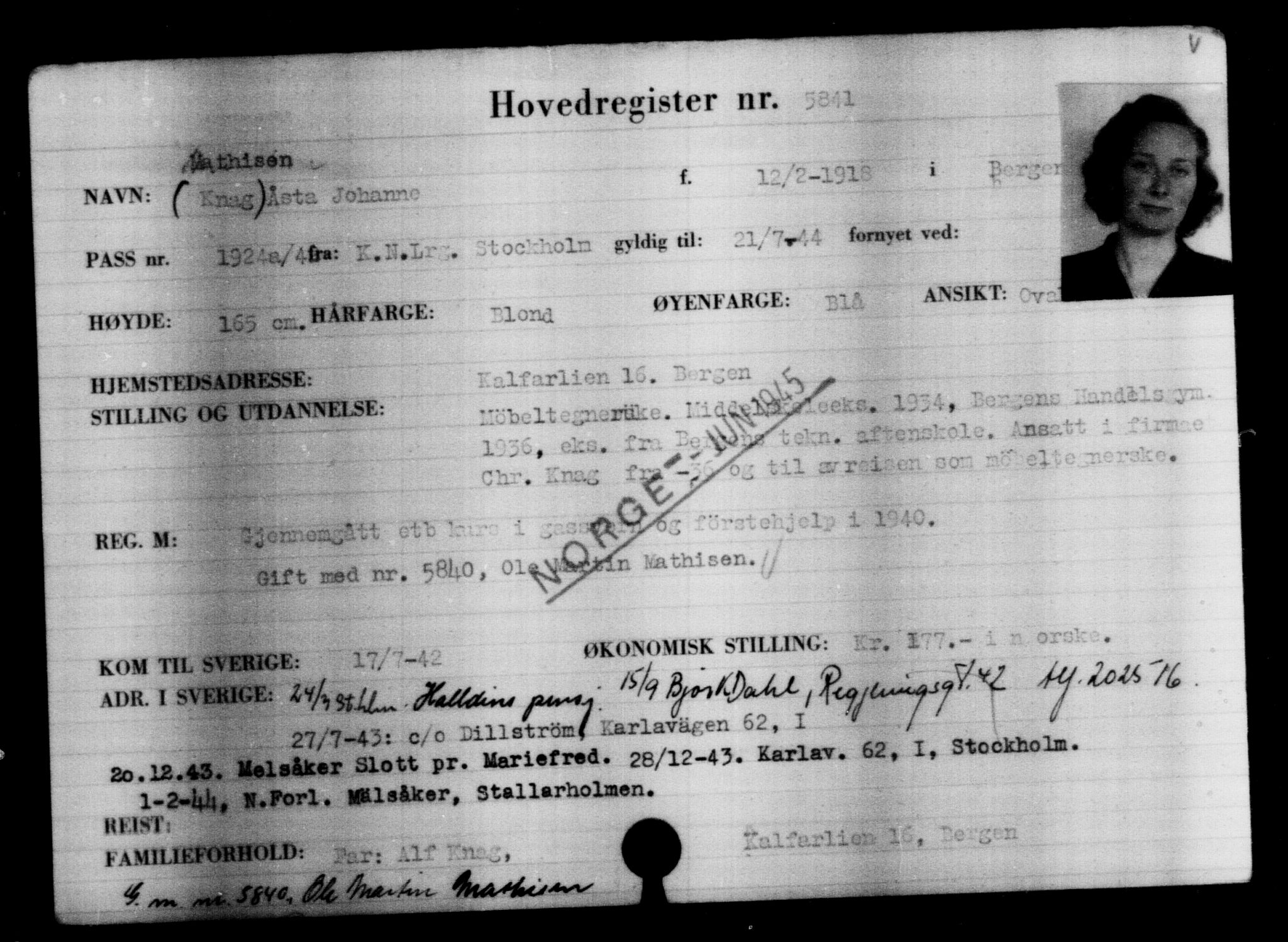 Utenriksstasjonene, Legasjonen i Stockholm, Flyktningkontoret, AV/RA-S-6753/V/Va/L0004: Kjesäterkartoteket, flyktninger med registreringsnr. 3496-6610, 1940-1945, s. 2727