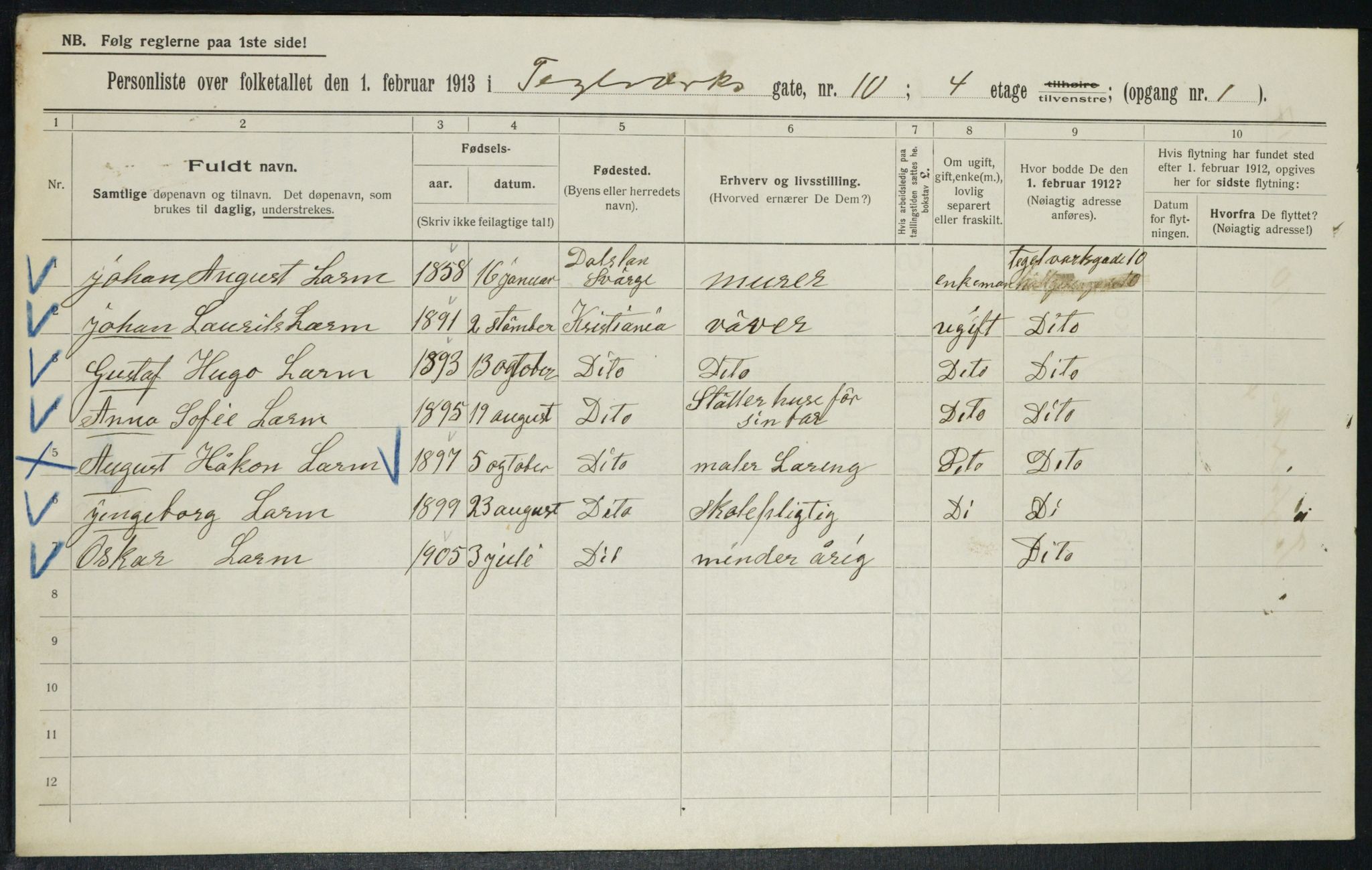 OBA, Kommunal folketelling 1.2.1913 for Kristiania, 1913, s. 107579