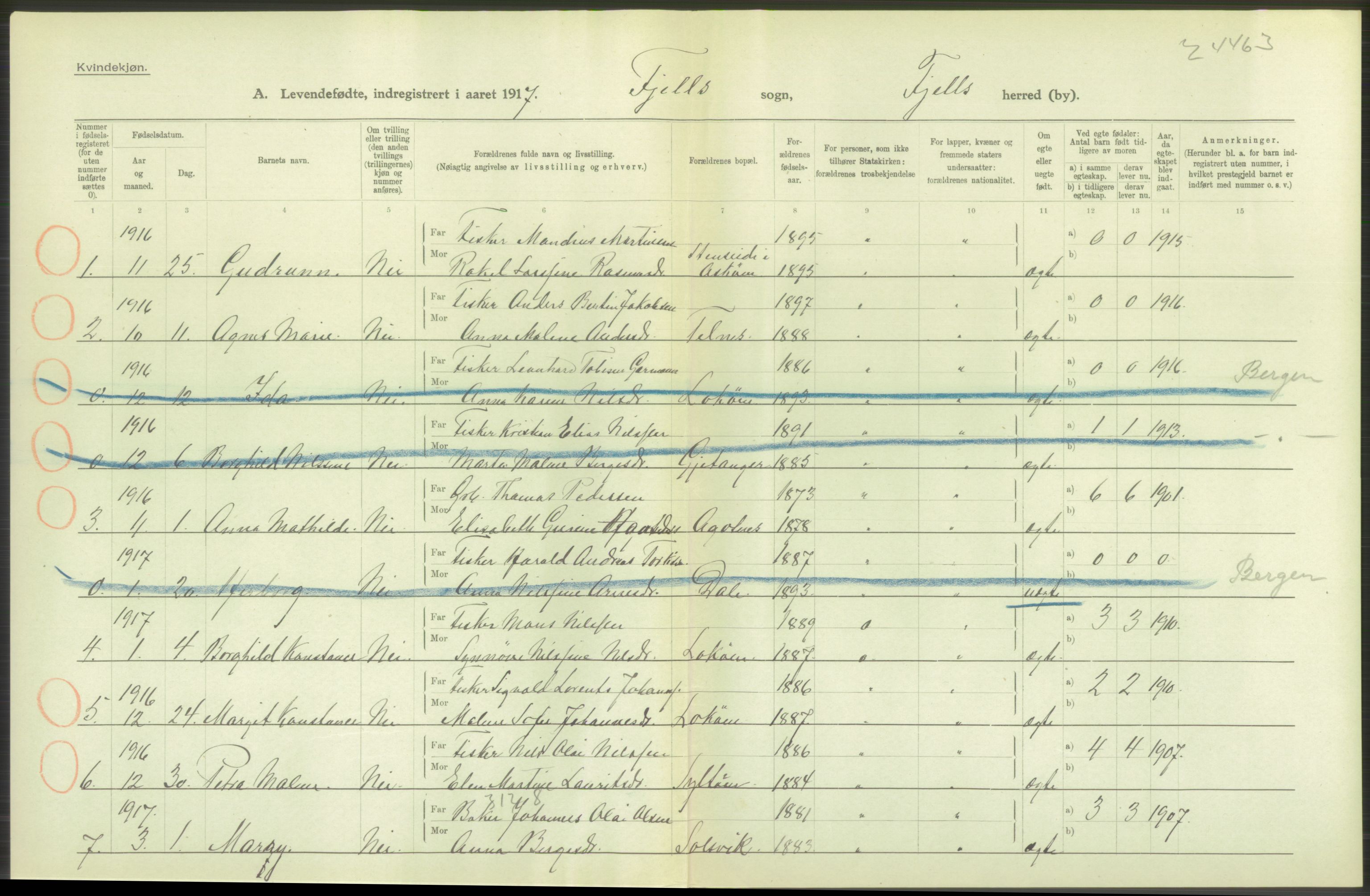 Statistisk sentralbyrå, Sosiodemografiske emner, Befolkning, RA/S-2228/D/Df/Dfb/Dfbg/L0034: S. Bergenhus amt: Levendefødte menn og kvinner. Bygder., 1917, s. 370