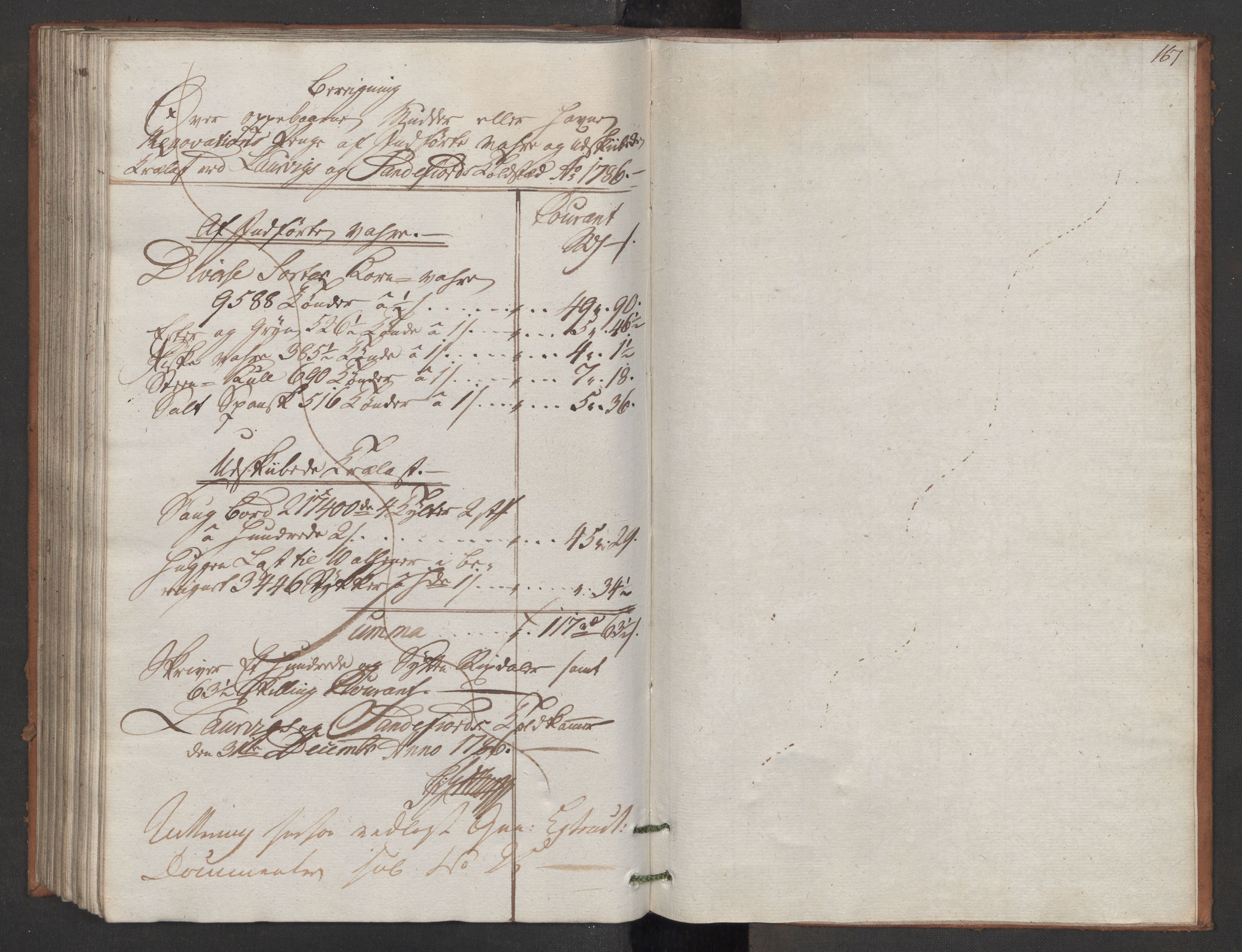 Generaltollkammeret, tollregnskaper, AV/RA-EA-5490/R11/L0087/0001: Tollregnskaper Larvik og Sandefjord / Utgående hovedtollbok, 1786, s. 166b-167a