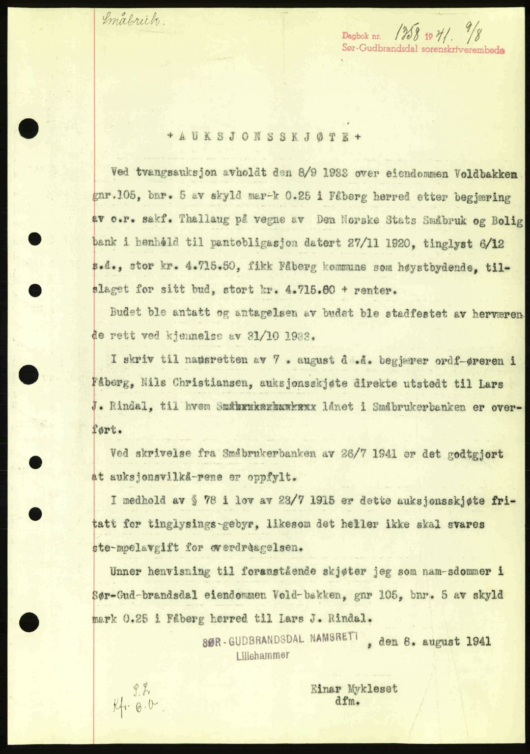 Sør-Gudbrandsdal tingrett, SAH/TING-004/H/Hb/Hbd/L0009: Pantebok nr. A9, 1941-1941, Dagboknr: 1358/1941