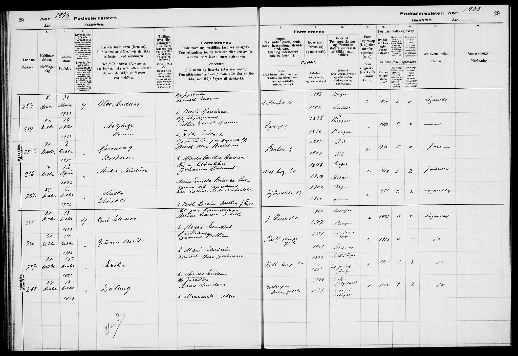 Sandviken Sokneprestembete, AV/SAB-A-77601/I/Ib/L00A3: Fødselsregister nr. A 3, 1923-1926, s. 29