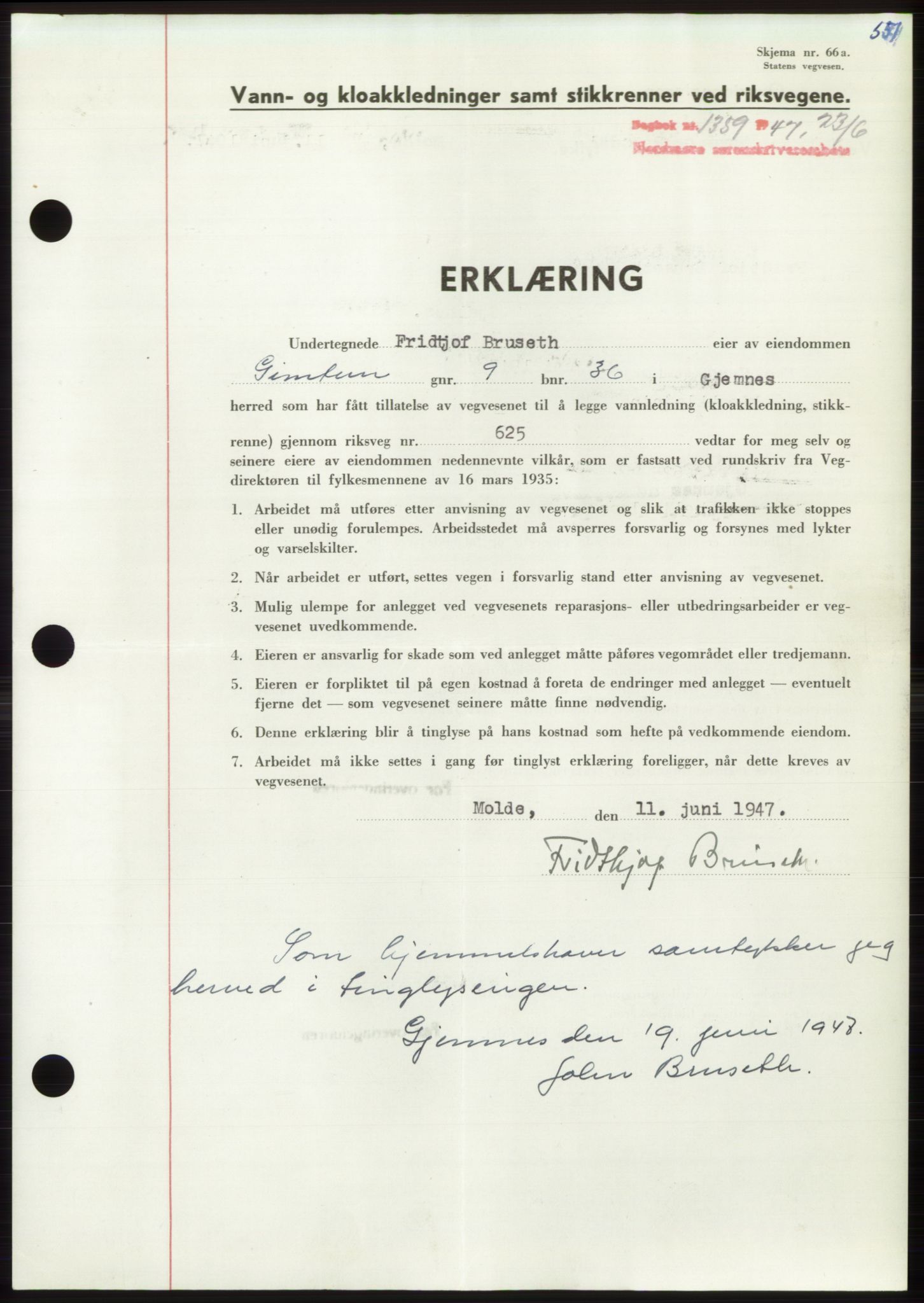 Nordmøre sorenskriveri, SAT/A-4132/1/2/2Ca: Pantebok nr. B96, 1947-1947, Dagboknr: 1359/1947