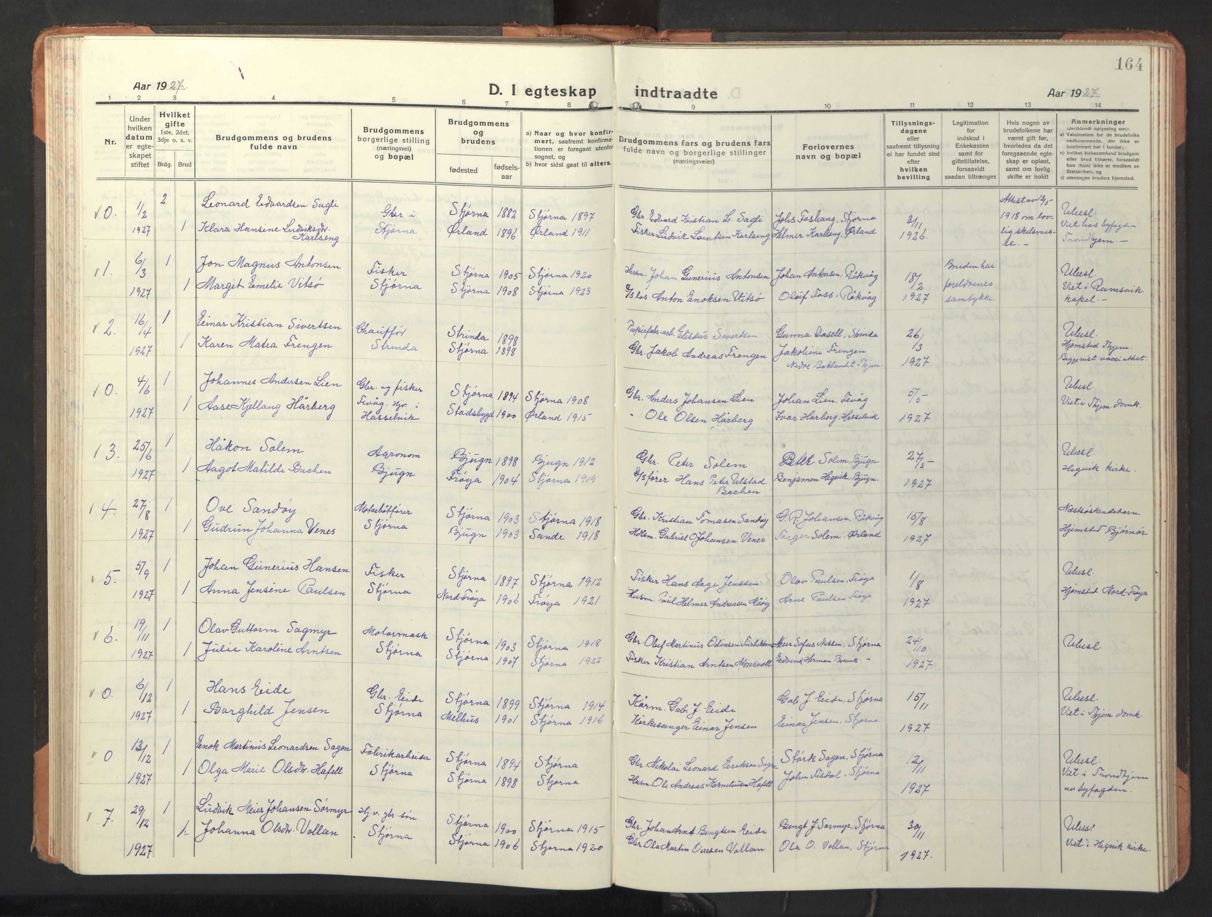 Ministerialprotokoller, klokkerbøker og fødselsregistre - Sør-Trøndelag, AV/SAT-A-1456/653/L0658: Klokkerbok nr. 653C02, 1919-1947, s. 164