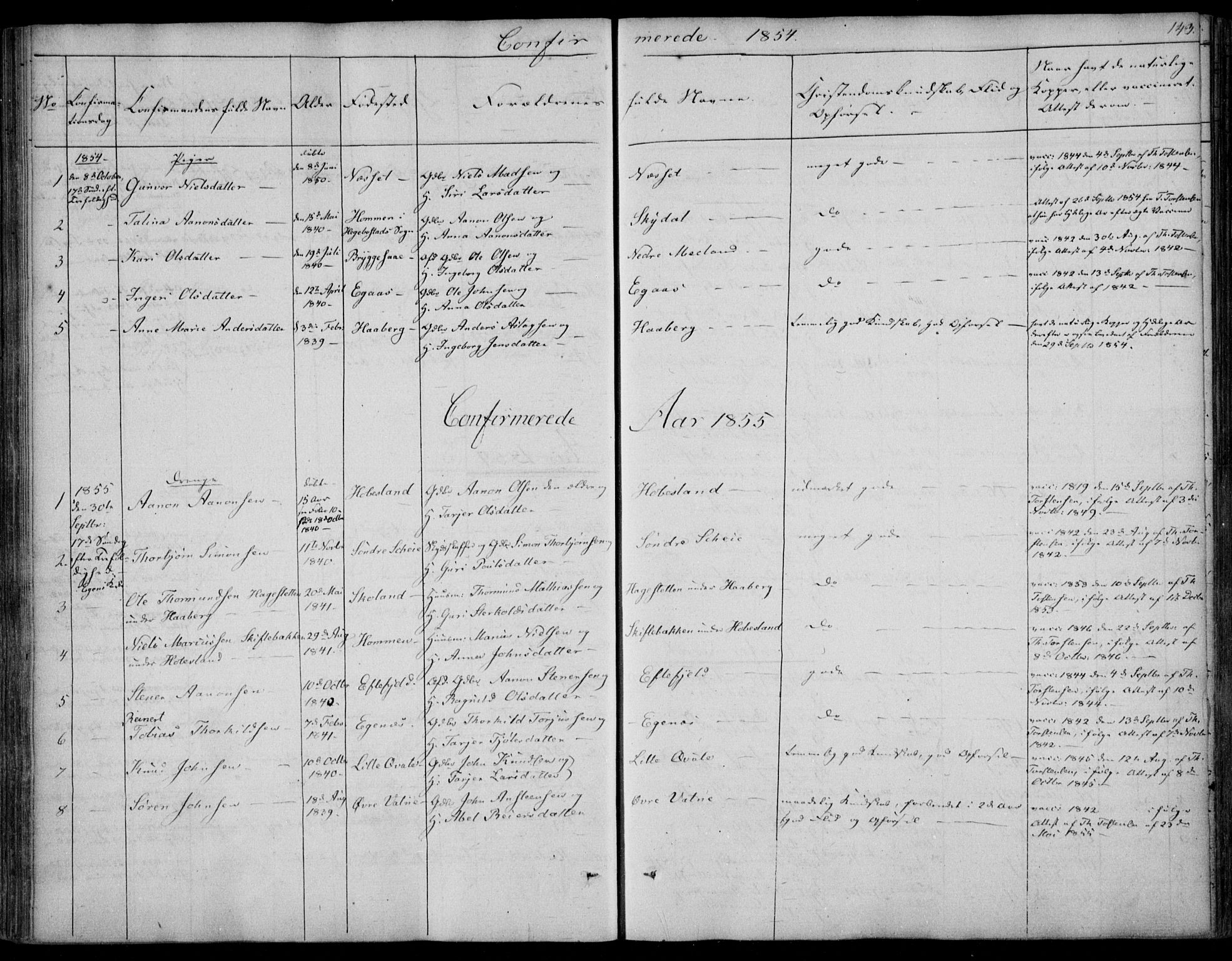 Hægebostad sokneprestkontor, AV/SAK-1111-0024/F/Fa/Fab/L0002: Ministerialbok nr. A 2, 1836-1872, s. 143