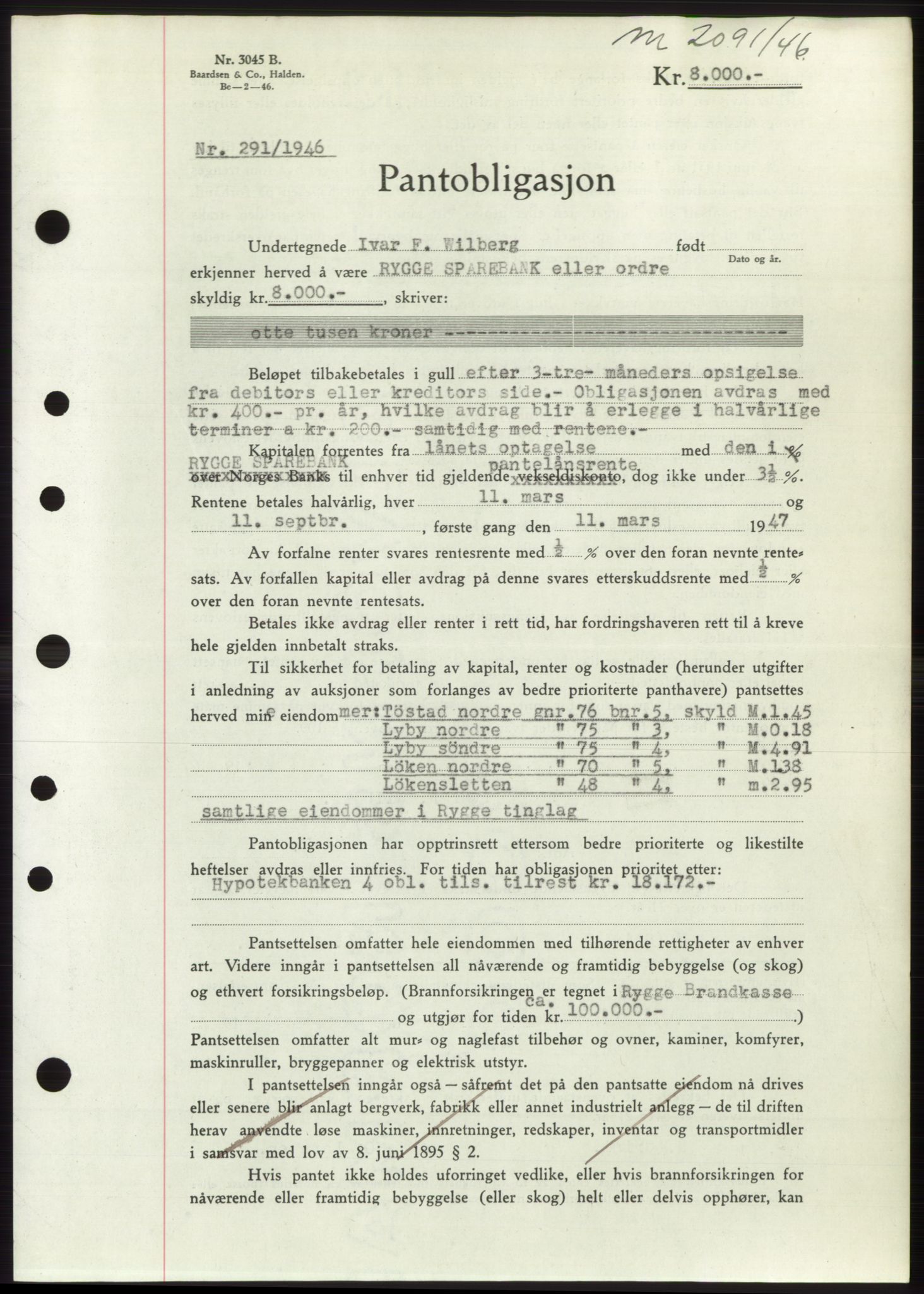 Moss sorenskriveri, SAO/A-10168: Pantebok nr. B15, 1946-1946, Dagboknr: 2091/1946