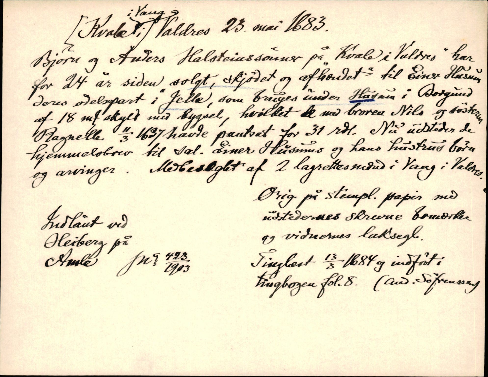 Riksarkivets diplomsamling, AV/RA-EA-5965/F35/F35d/L0005: Innlånte diplomer, seddelregister, 1661-1690, s. 460