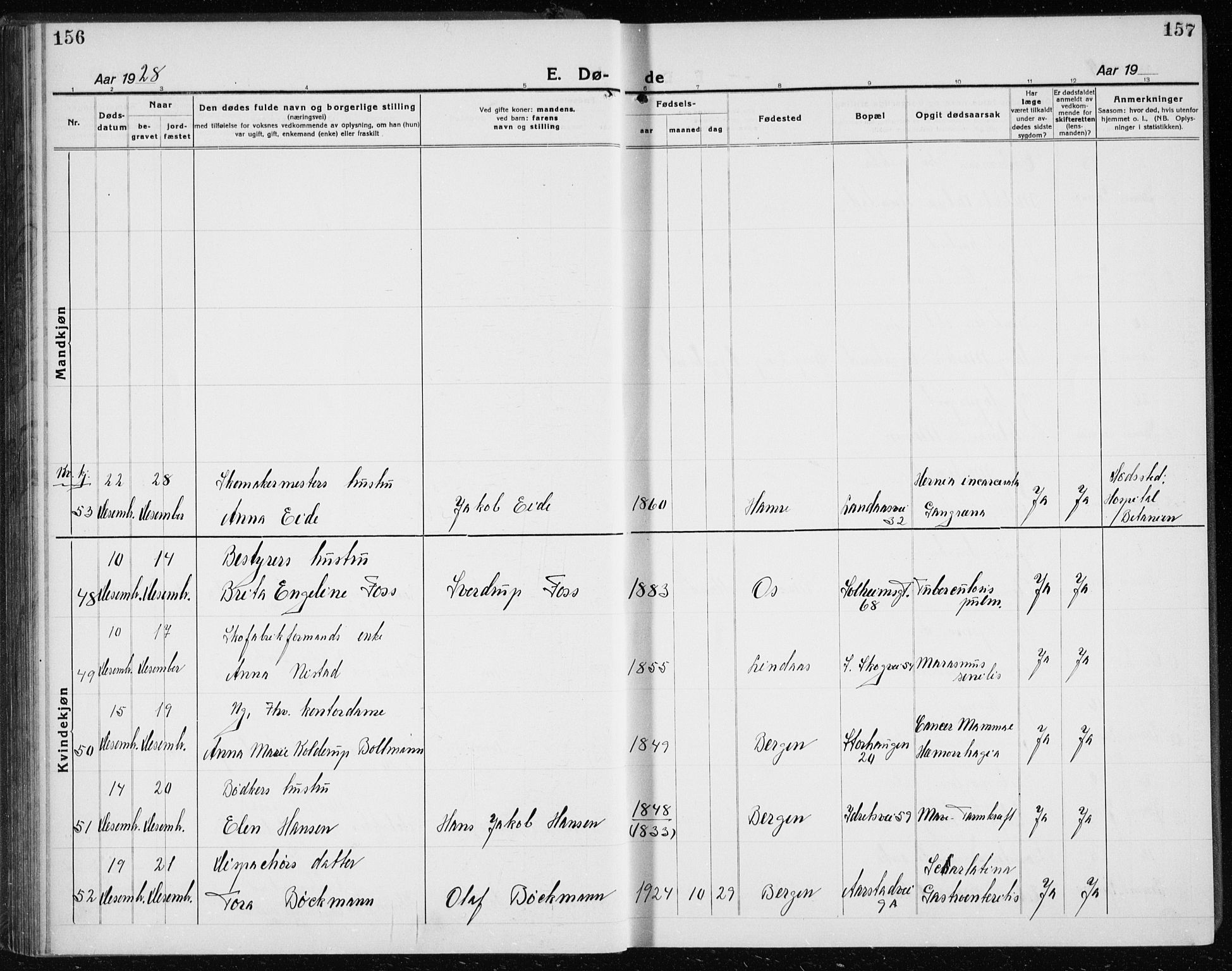 Årstad Sokneprestembete, AV/SAB-A-79301/H/Hab/L0025: Klokkerbok nr. D 2, 1922-1940, s. 156-157