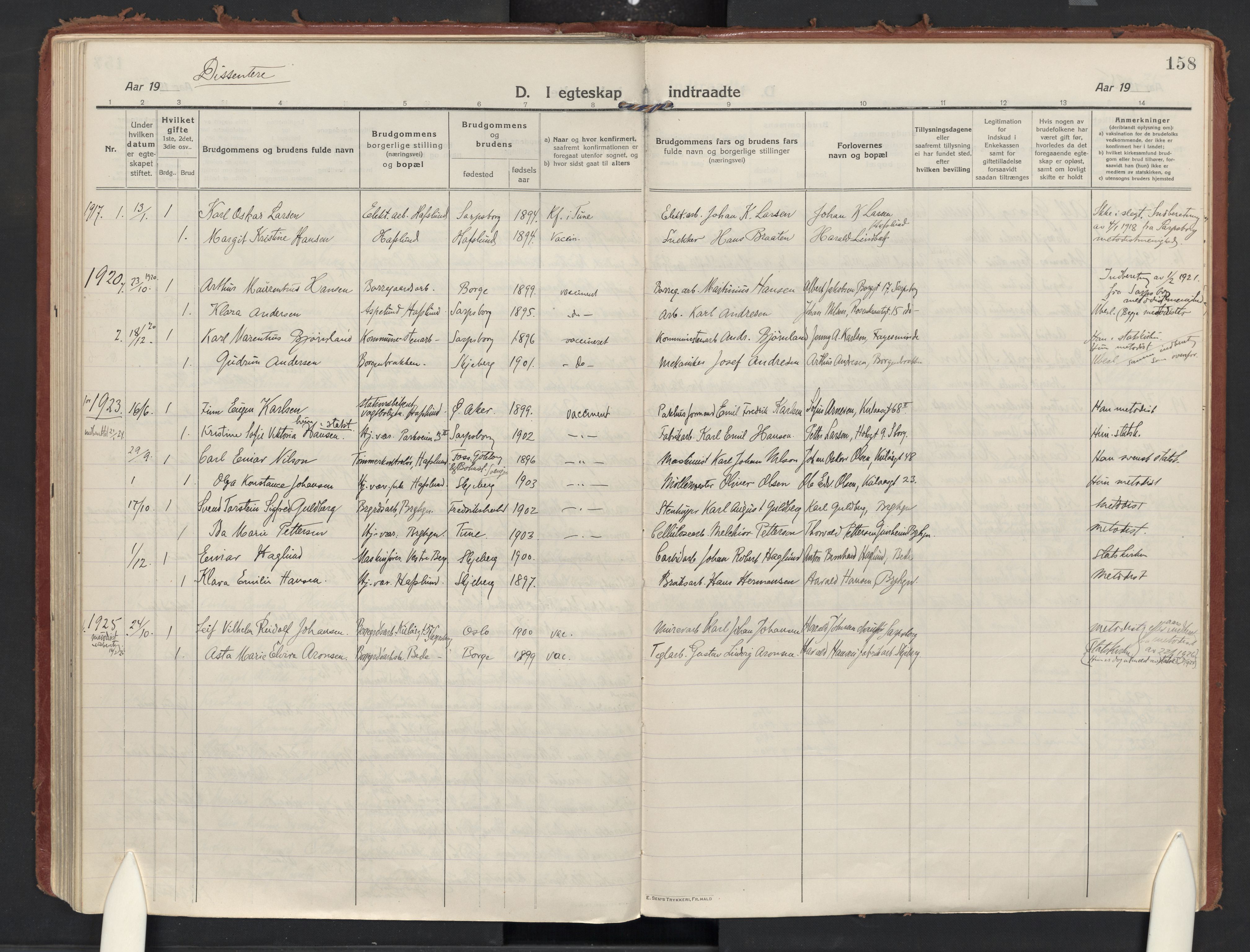 Skjeberg prestekontor Kirkebøker, AV/SAO-A-10923/F/Fd/L0001: Ministerialbok nr. IV 1, 1916-1925, s. 158