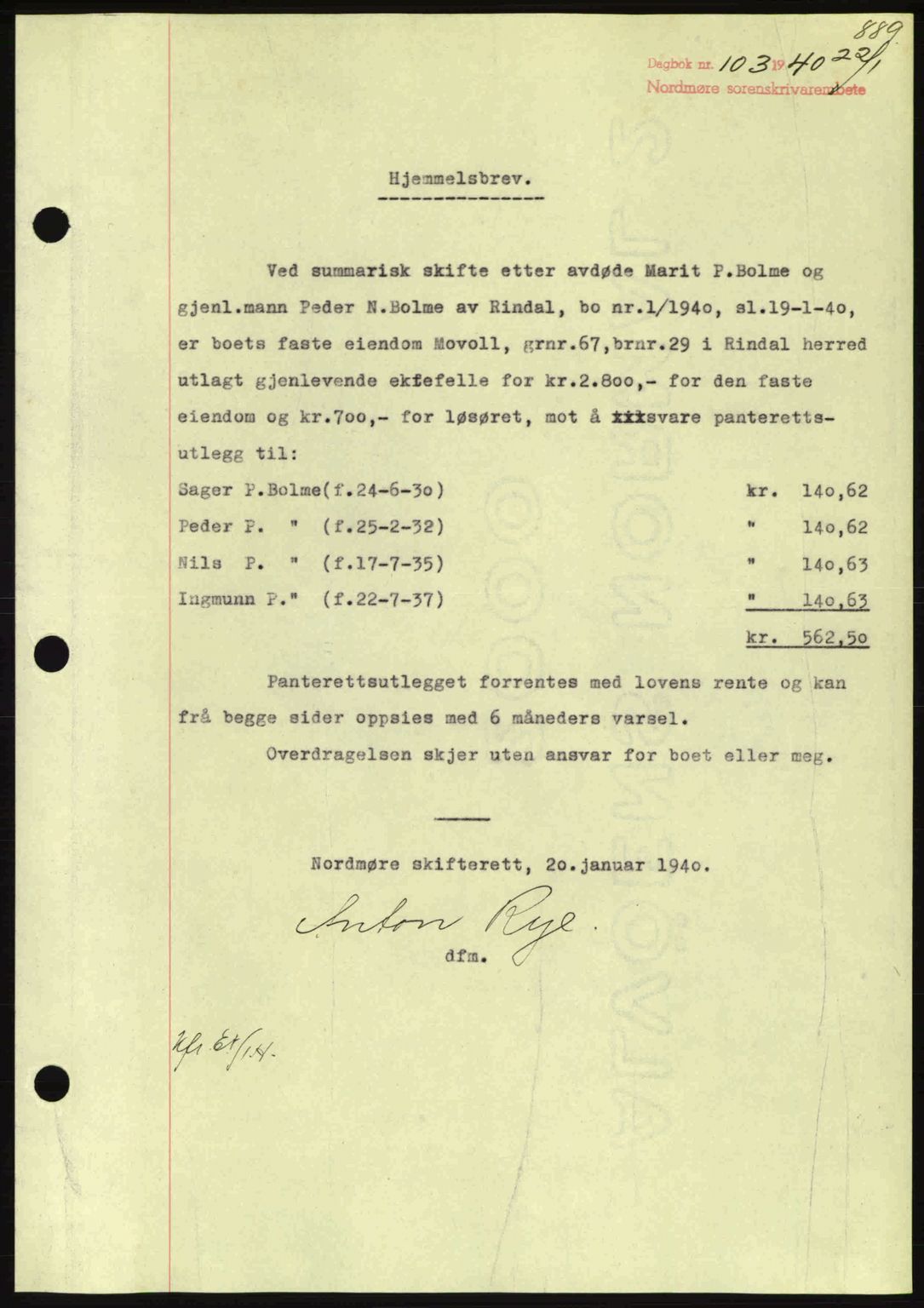 Nordmøre sorenskriveri, SAT/A-4132/1/2/2Ca: Pantebok nr. A87, 1939-1940, Dagboknr: 103/1940