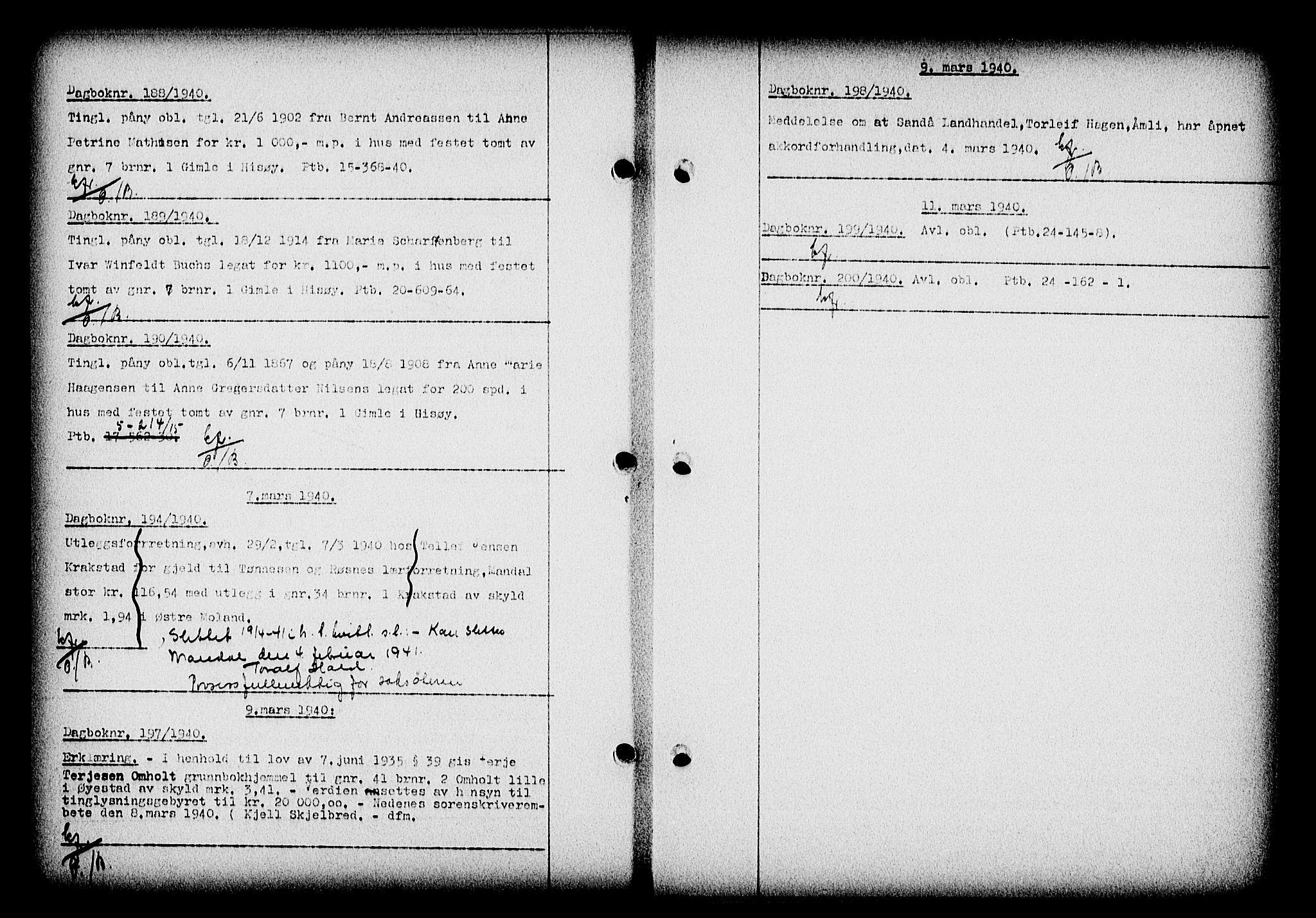 Nedenes sorenskriveri, AV/SAK-1221-0006/G/Gb/Gba/L0047: Pantebok nr. A-I, 1939-1940, Dagboknr: 188/1940