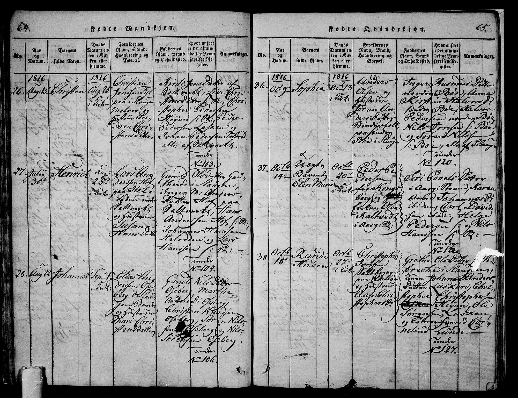 Sem kirkebøker, AV/SAKO-A-5/G/Ga/L0001: Klokkerbok nr. I 1, 1814-1825, s. 64-65