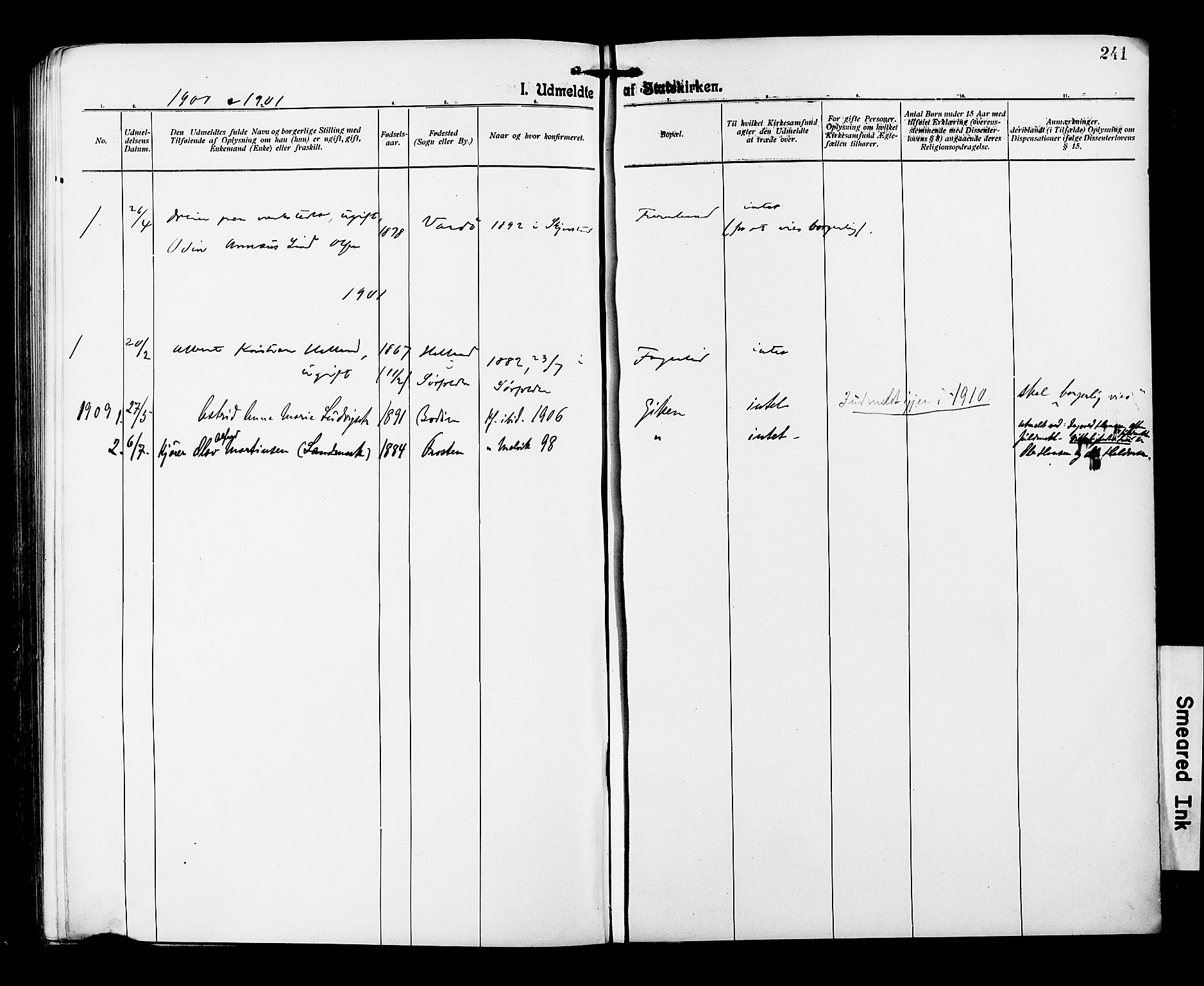 Ministerialprotokoller, klokkerbøker og fødselsregistre - Nordland, AV/SAT-A-1459/850/L0709: Ministerialbok nr. 850A01, 1899-1909, s. 241