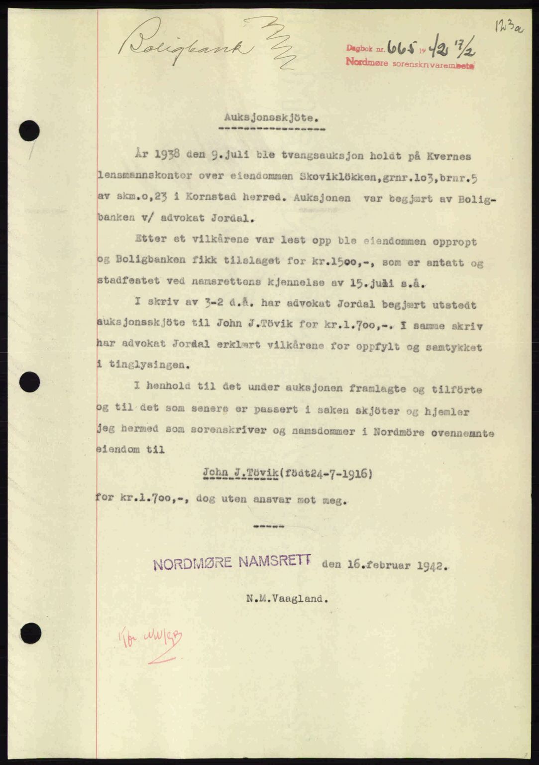 Nordmøre sorenskriveri, SAT/A-4132/1/2/2Ca: Pantebok nr. A92, 1942-1942, Dagboknr: 665/1942