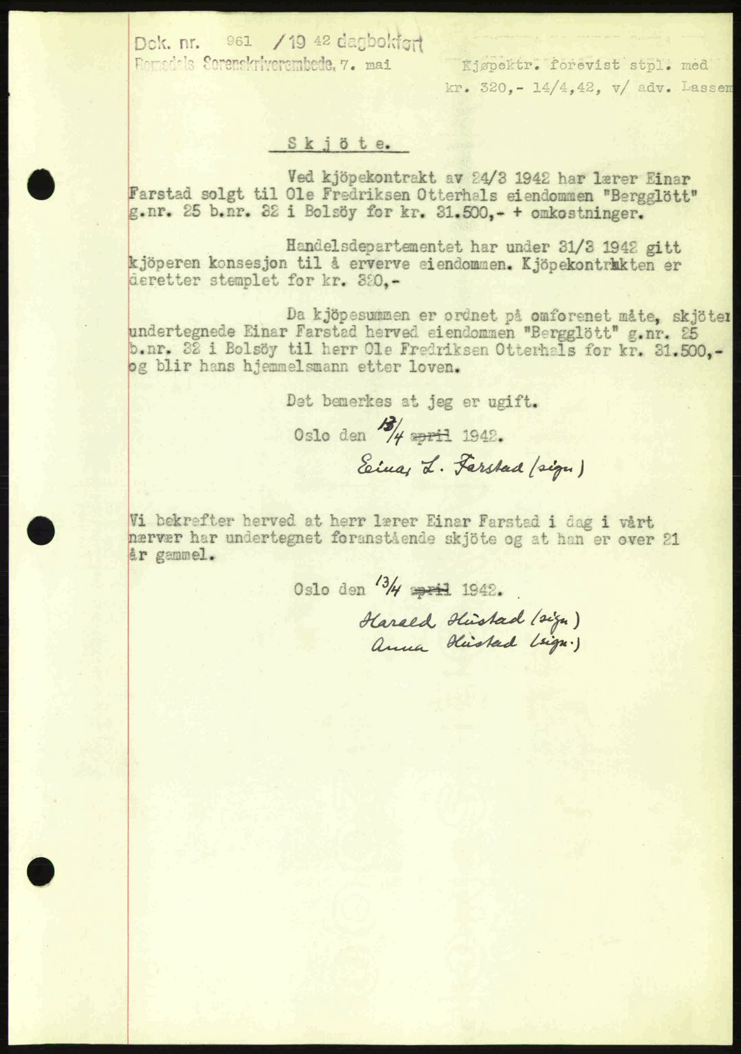 Romsdal sorenskriveri, SAT/A-4149/1/2/2C: Pantebok nr. A12, 1942-1942, Dagboknr: 961/1942