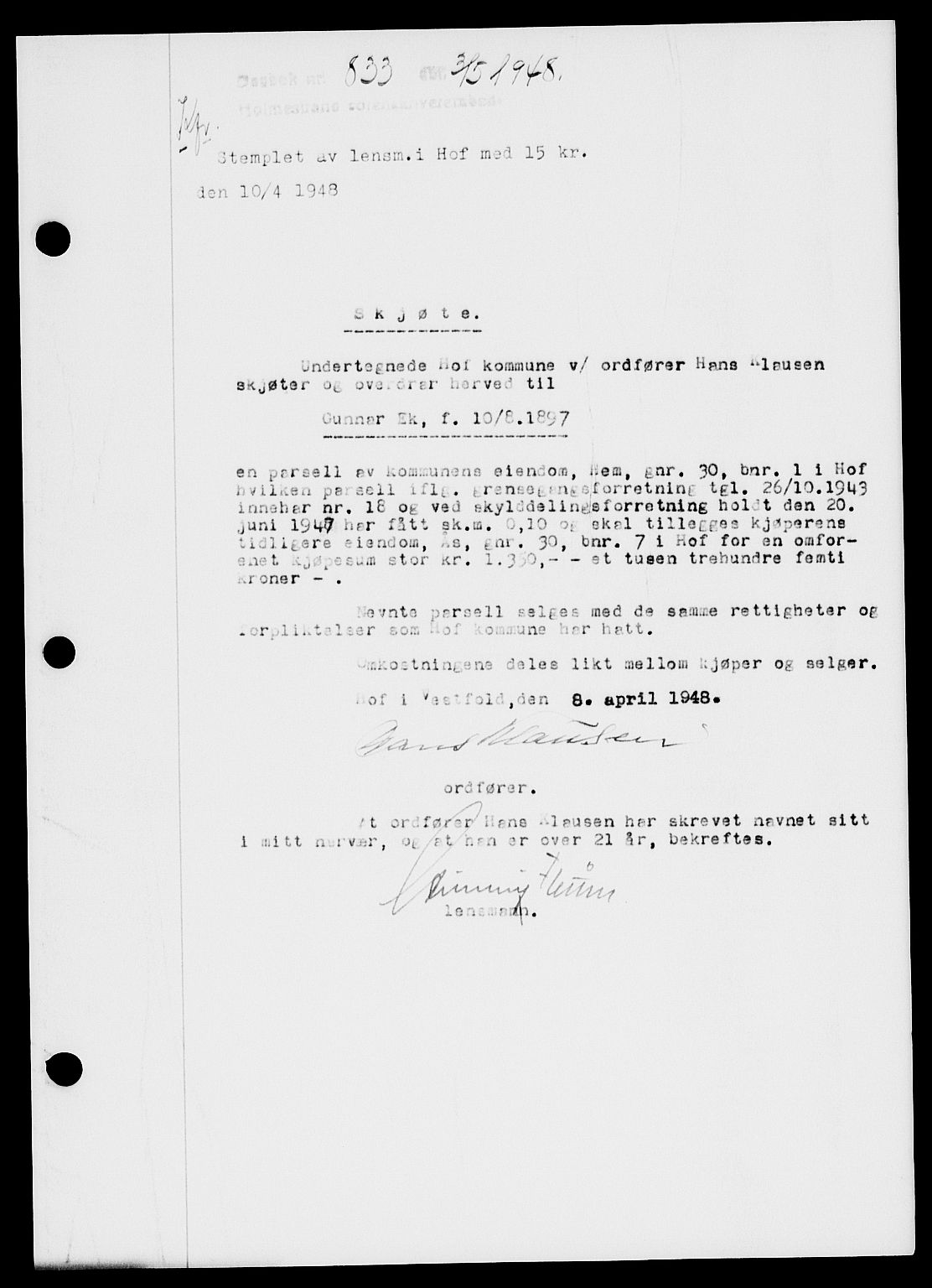 Holmestrand sorenskriveri, SAKO/A-67/G/Ga/Gaa/L0064: Pantebok nr. A-64, 1948-1948, Dagboknr: 833/1948