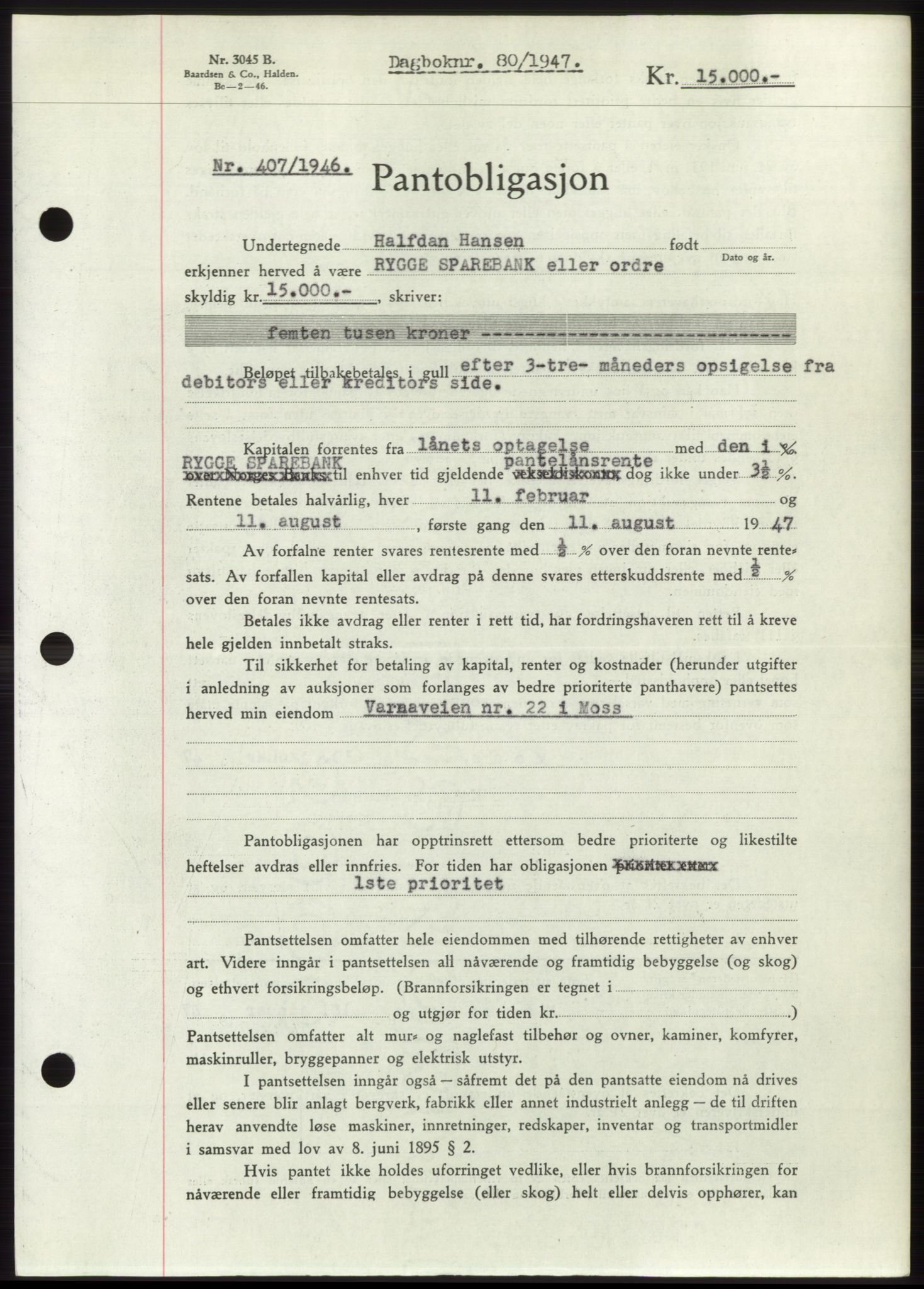 Moss sorenskriveri, SAO/A-10168: Pantebok nr. B16, 1946-1947, Dagboknr: 80/1947