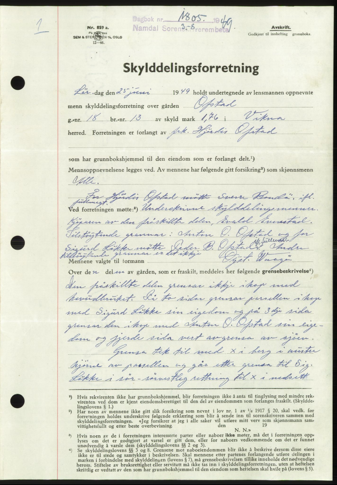Namdal sorenskriveri, SAT/A-4133/1/2/2C: Pantebok nr. -, 1949-1949, Dagboknr: 1805/1949